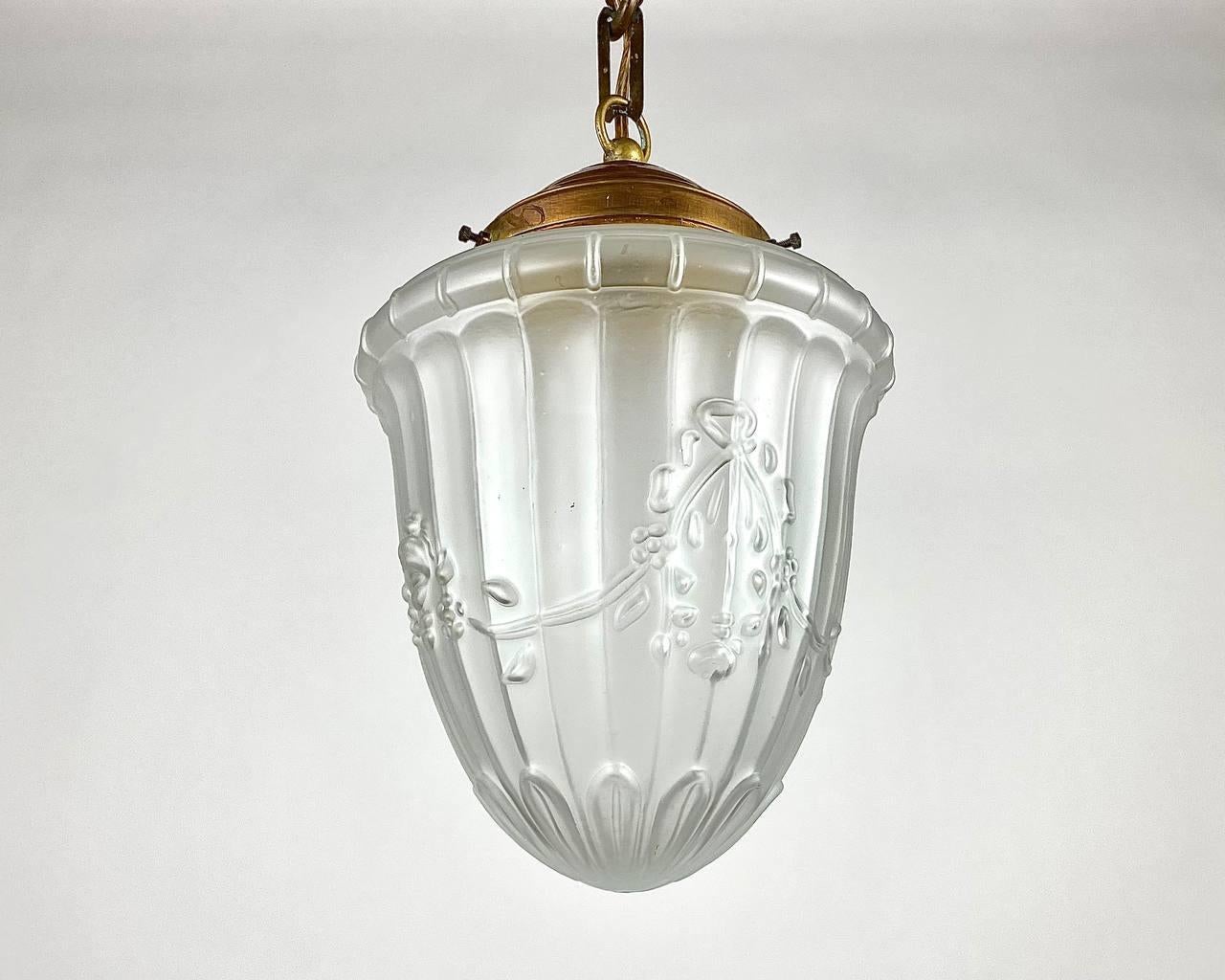 Art Nouveau Vintage Chandelier Or Lantern  Frosted Glass And Brass Ceiling Light  For Sale