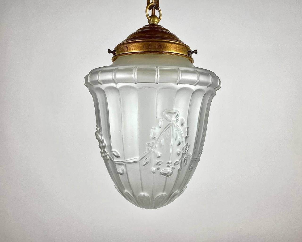 Belgian Vintage Chandelier Or Lantern  Frosted Glass And Brass Ceiling Light  For Sale
