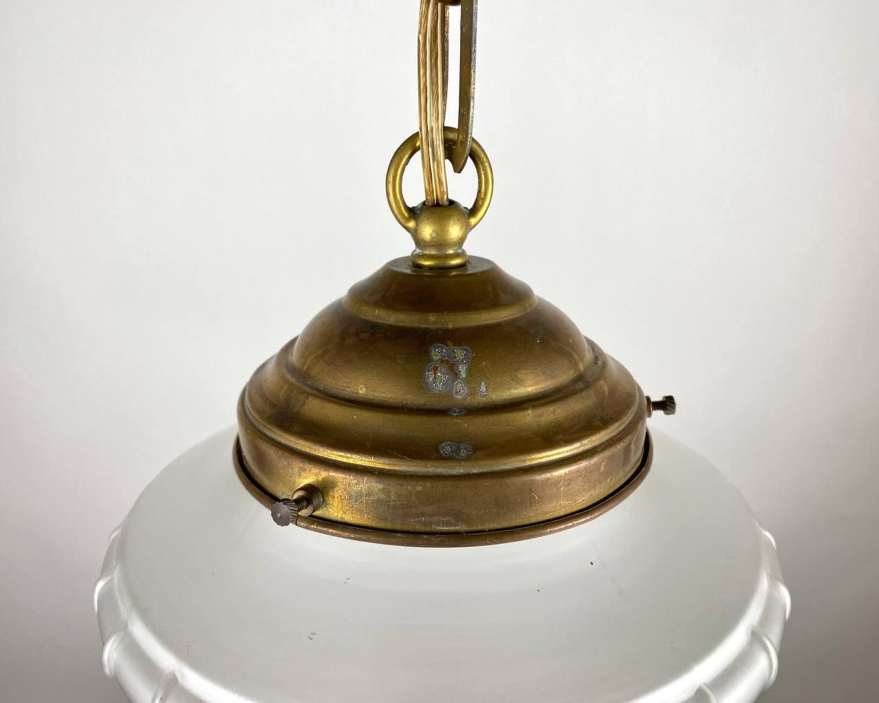 Vintage Chandelier Or Lantern  Frosted Glass And Brass Ceiling Light  In Good Condition For Sale In Bastogne, BE