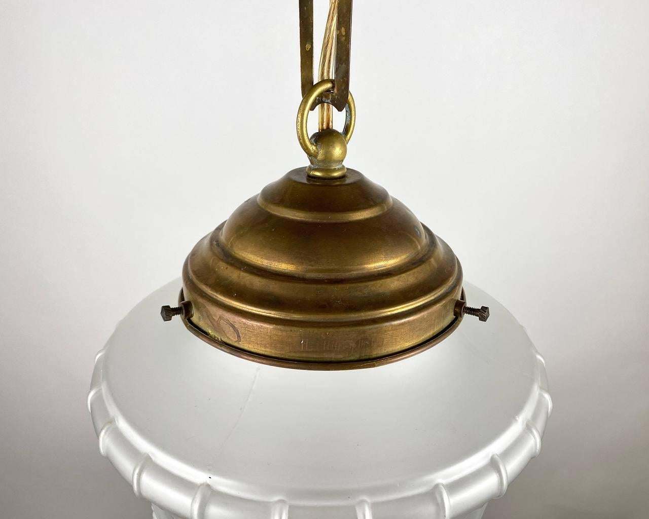 20th Century Vintage Chandelier Or Lantern  Frosted Glass And Brass Ceiling Light  For Sale