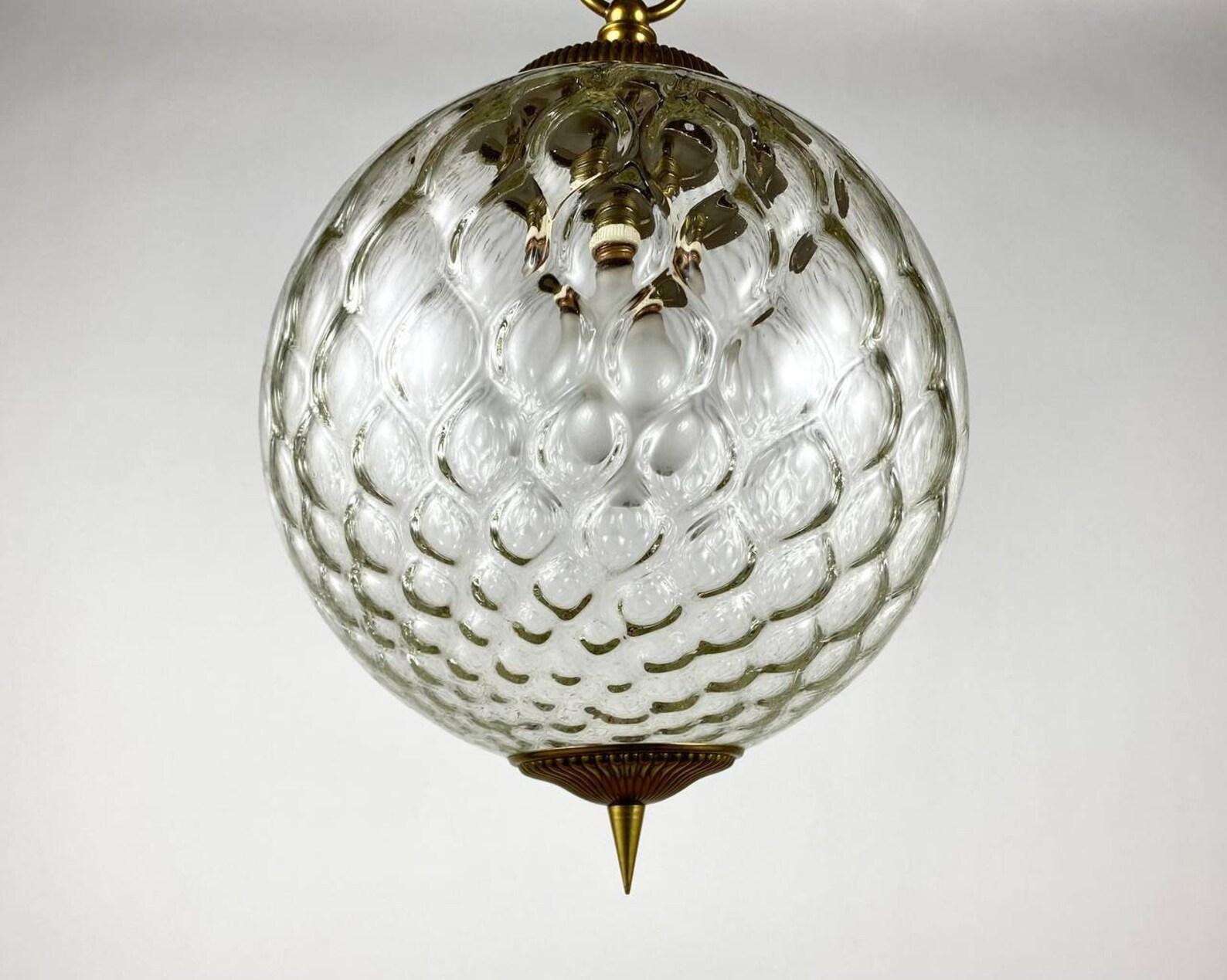 Mid-Century Modern Vintage Chandelier or Lantern Gilt Brass and Textured Glass Suspended Lighting For Sale