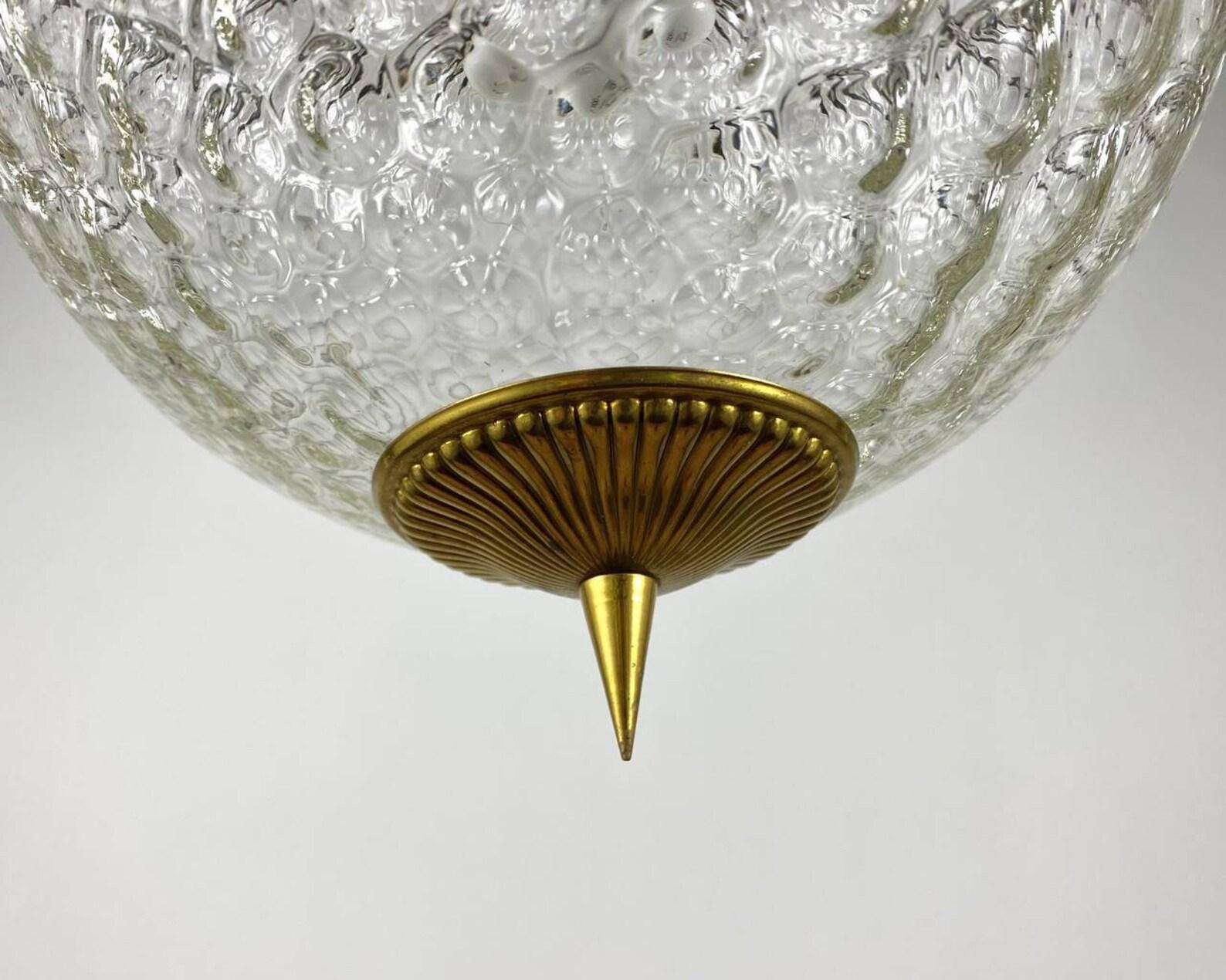 20th Century Vintage Chandelier or Lantern Gilt Brass and Textured Glass Suspended Lighting For Sale