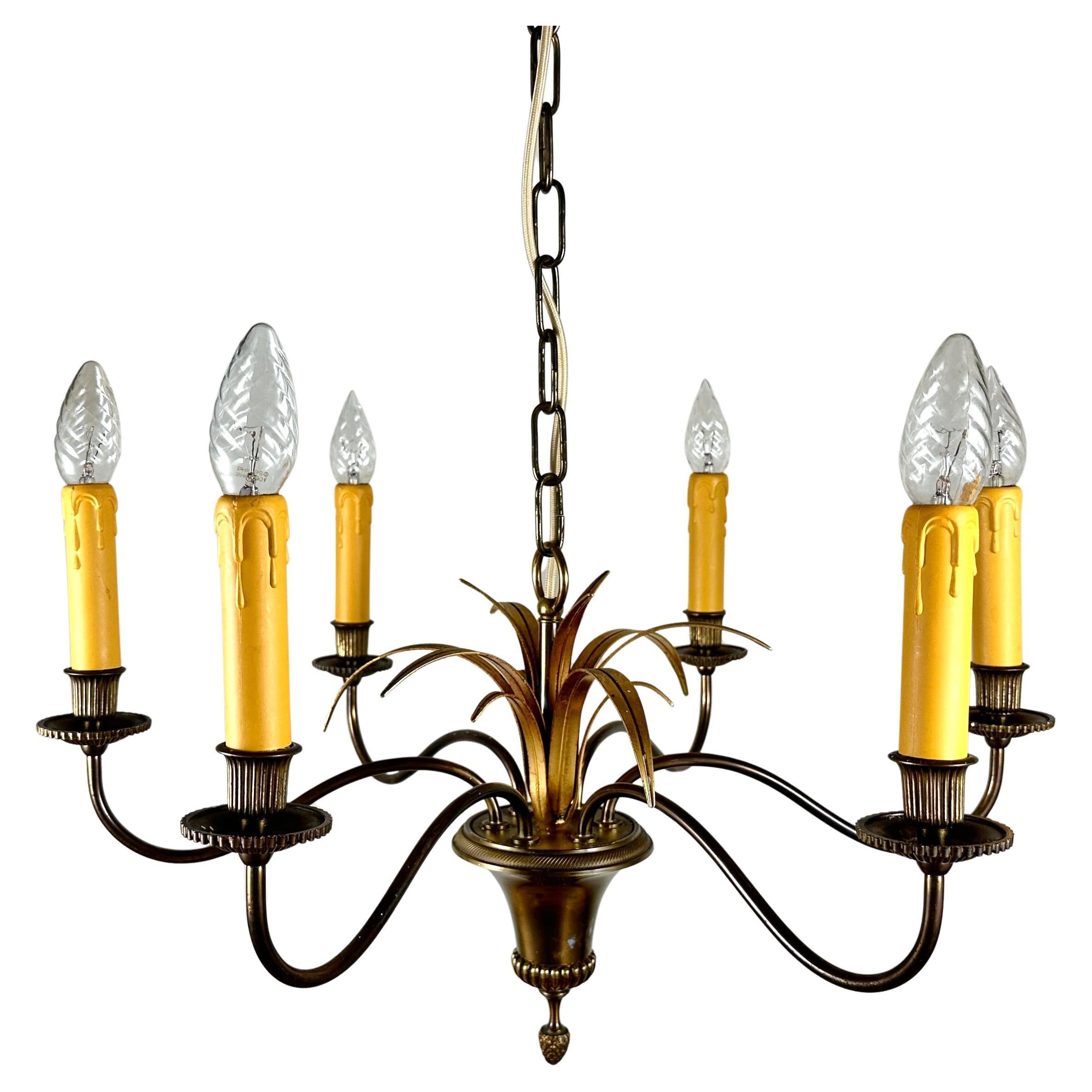 Lampadario Vintage S.A. Boulanger Palm Hollywood Regency in ottone, Begium, anni '70 in vendita