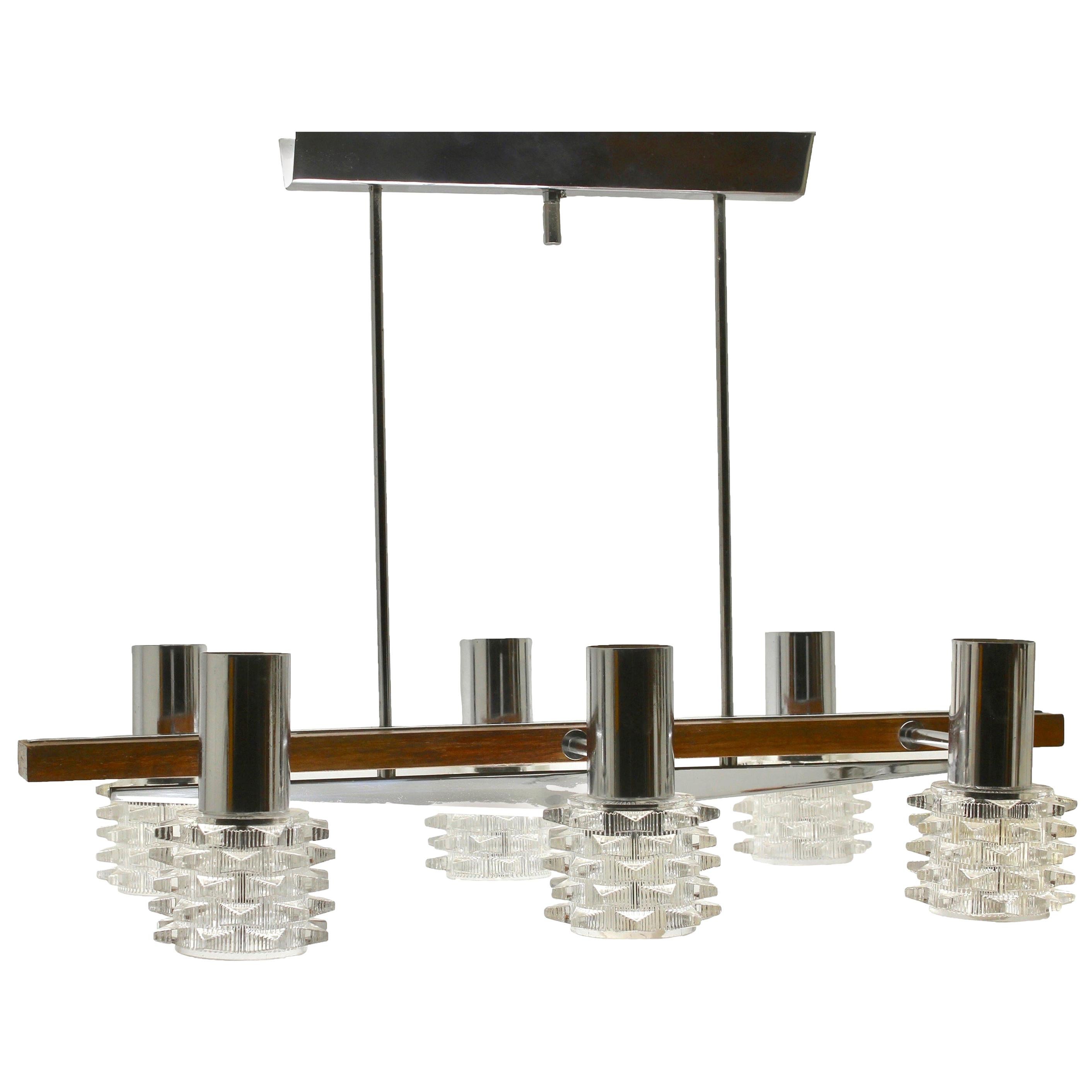 Vintage Chandelier Six Arms Chrome, Glass and Wood in the Style of Kalmar For Sale