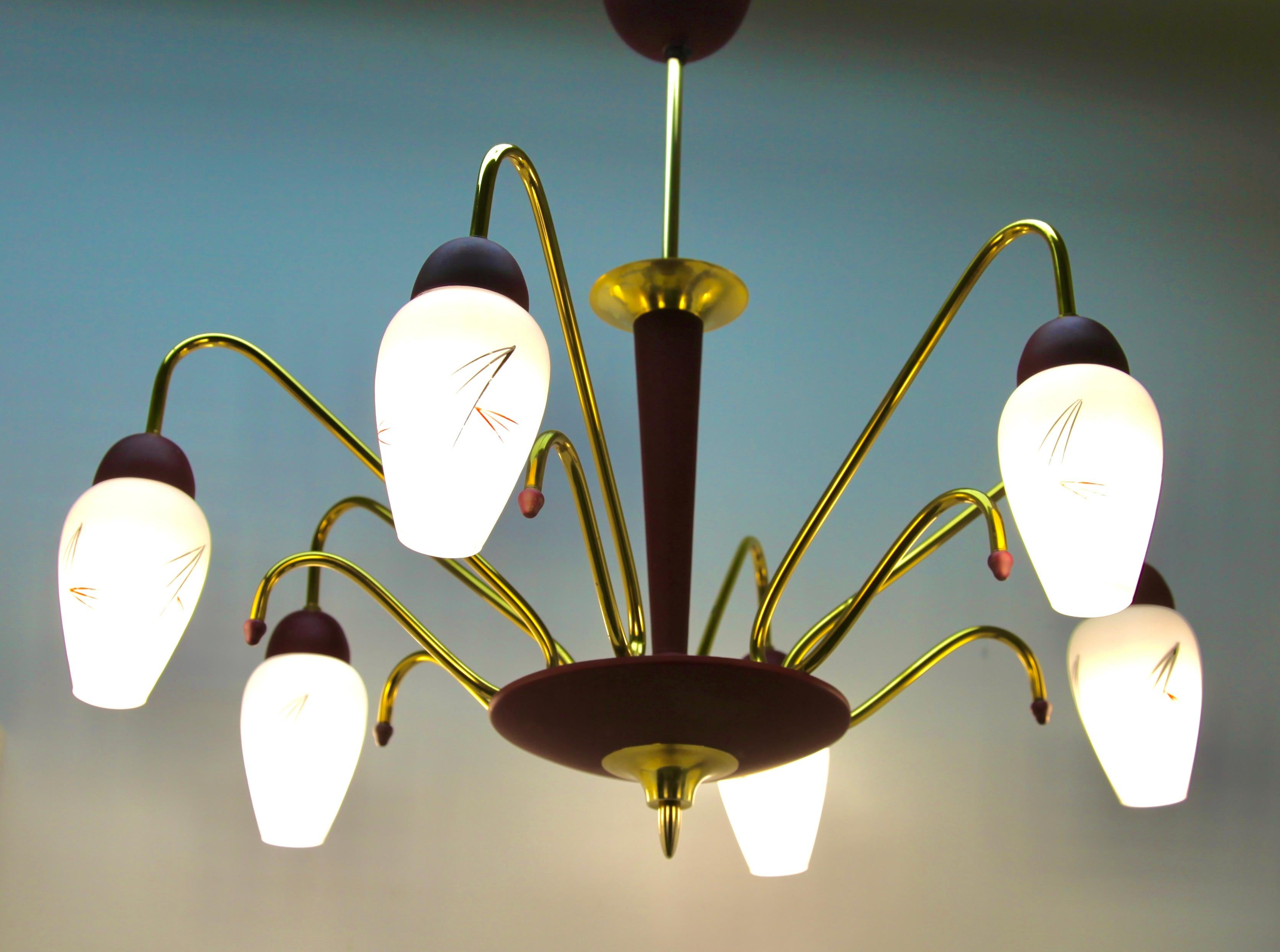 Mid-Century Modern Vintage Chandelier Six Arms in the Style of Stilnovo, Italian, 1960s For Sale