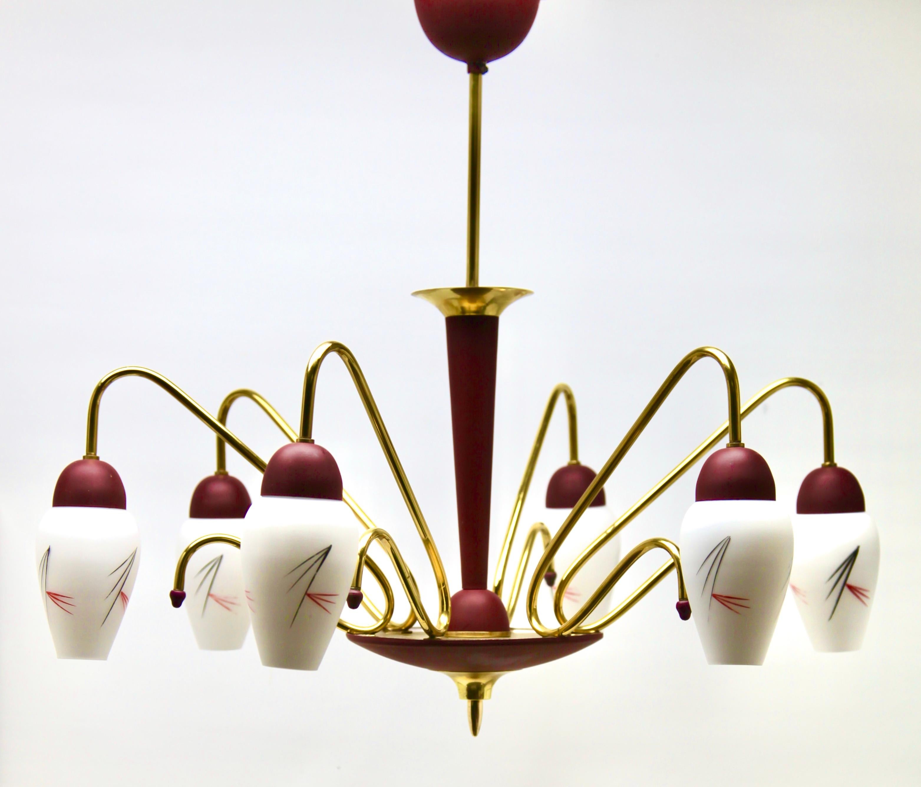 Vintage Chandelier Six Arms in the Style of Stilnovo, Italian, 1960s In Good Condition For Sale In Verviers, BE