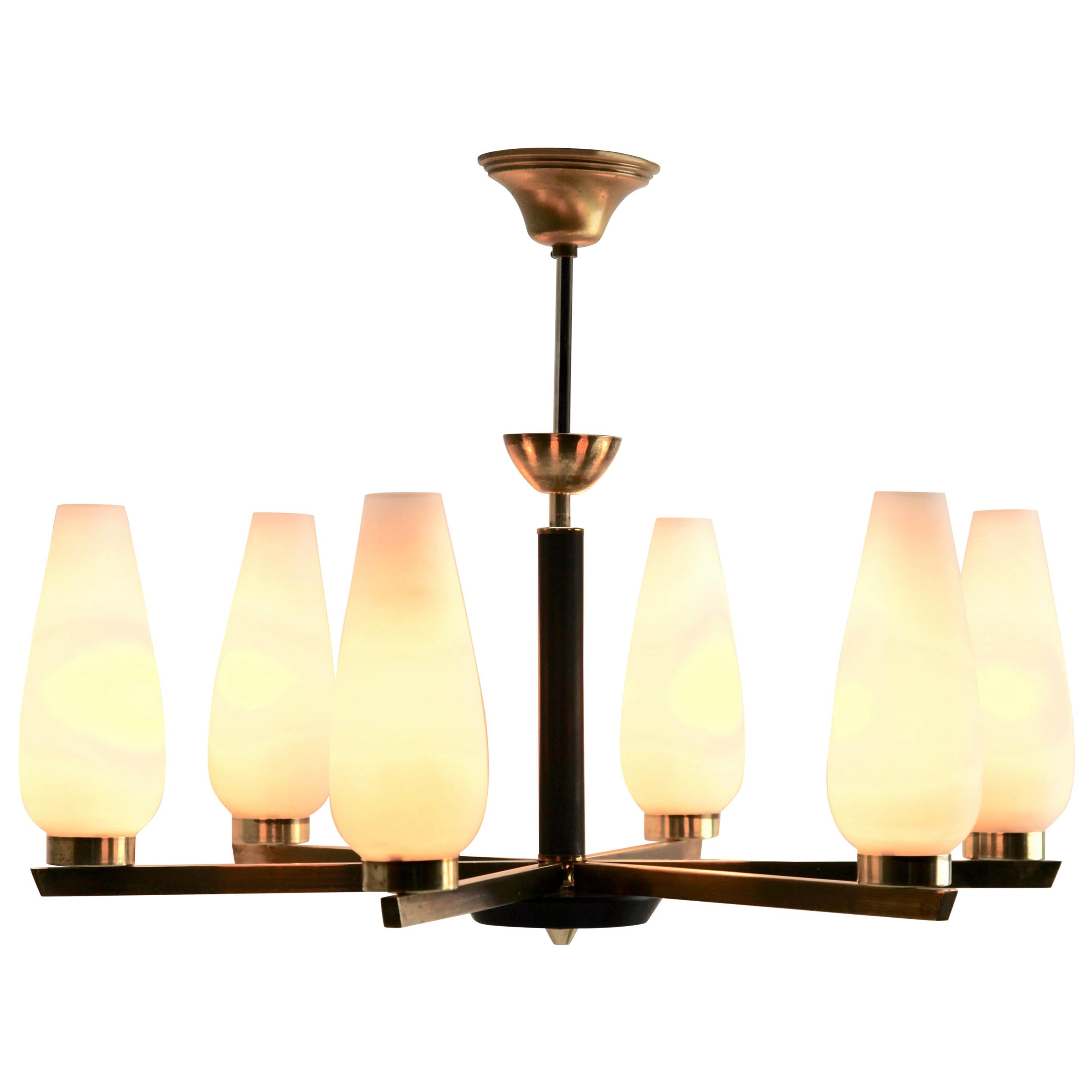 Vintage Chandelier Six Arms in the Style of Stilnovo, Italian, 1960s