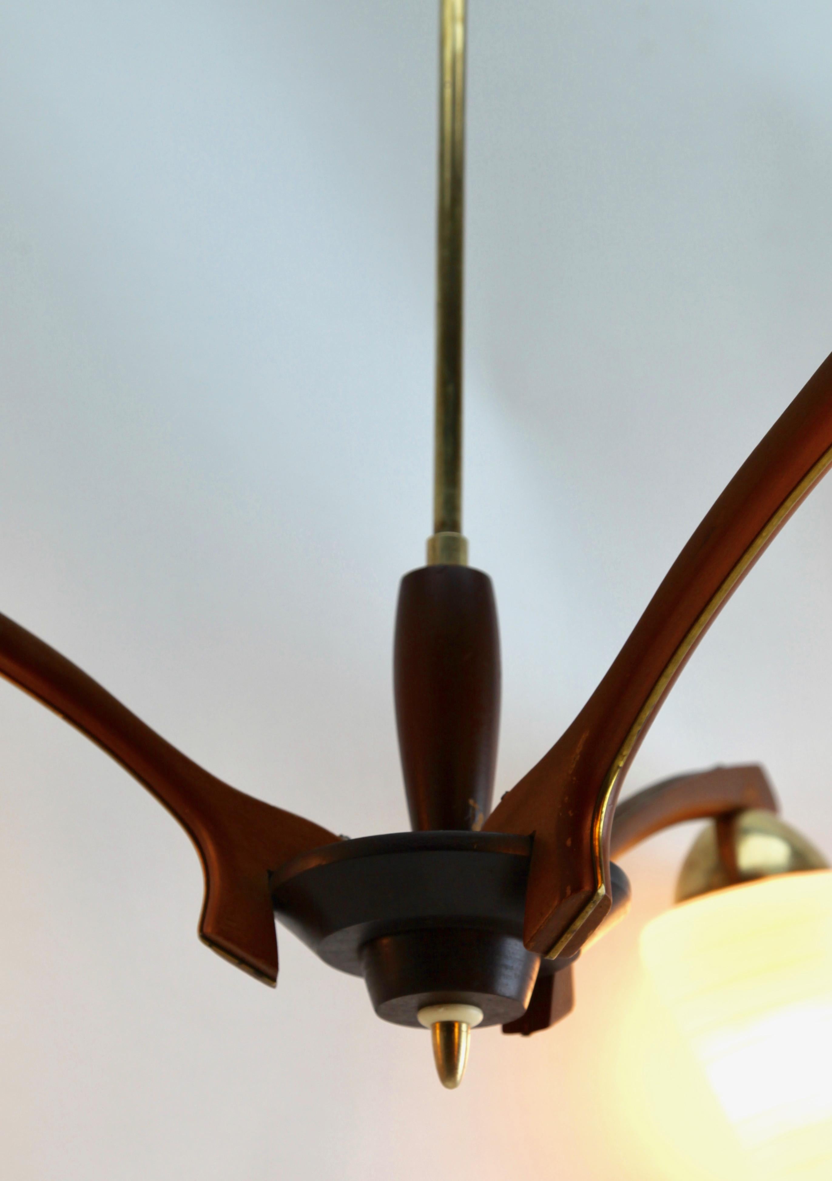 Brass Vintage Chandelier Three Arms in the Style of Stilnovo, Italian, 1960s For Sale