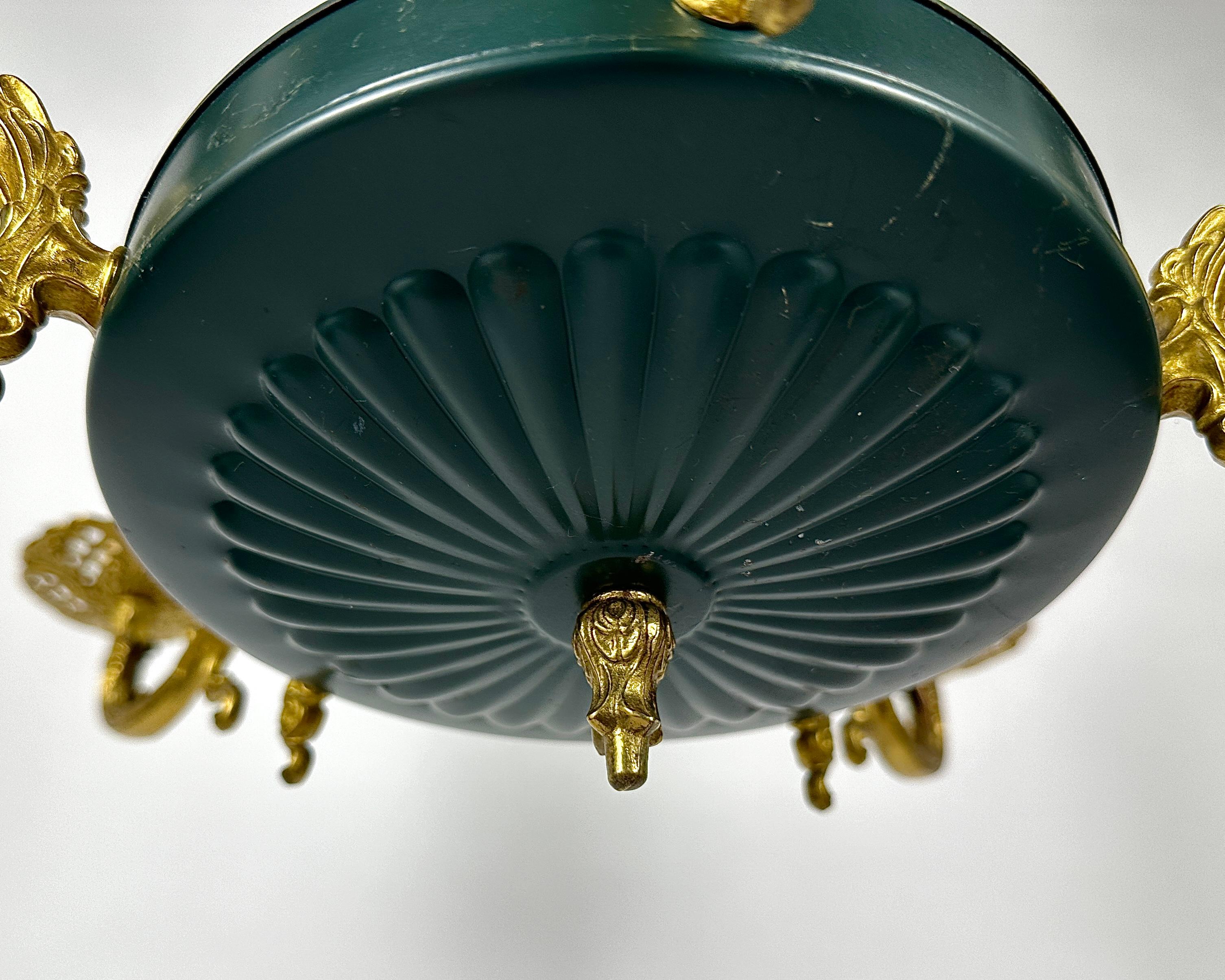 20th Century Vintage Chandelier With 5 Arms In The Empire Style Bronze Green Gold Lighting For Sale