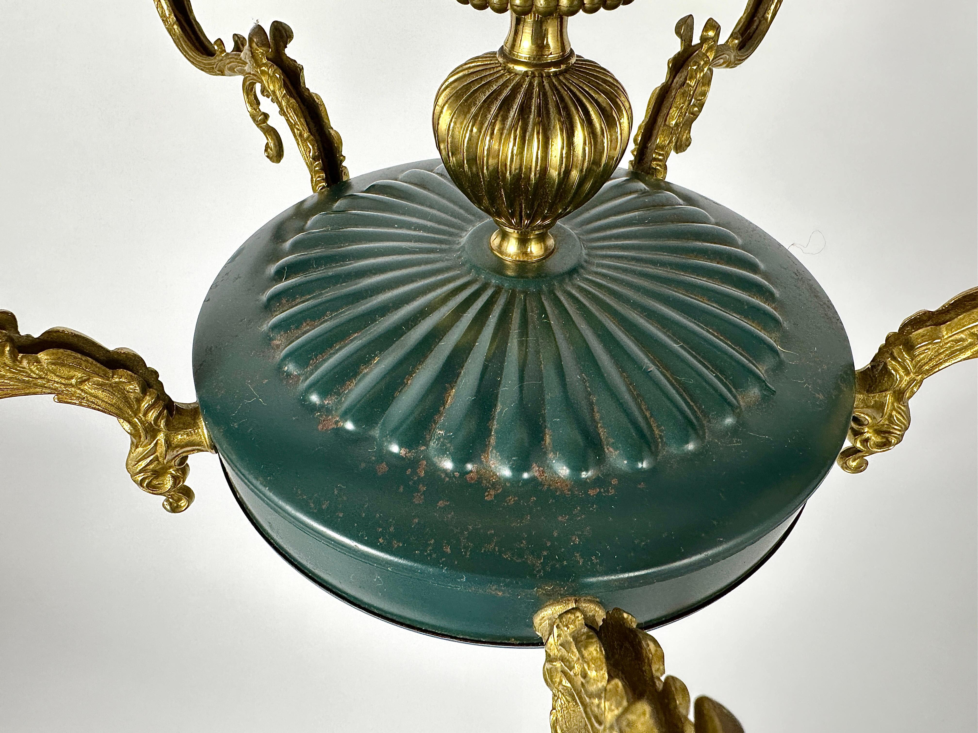 Metal Vintage Chandelier With 5 Arms In The Empire Style Bronze Green Gold Lighting For Sale