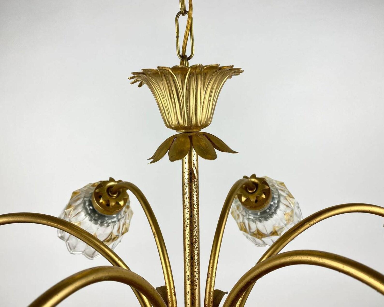 Vintage Chandelier with Glass Lampshades, Germany, 1970s In Good Condition For Sale In Bastogne, BE