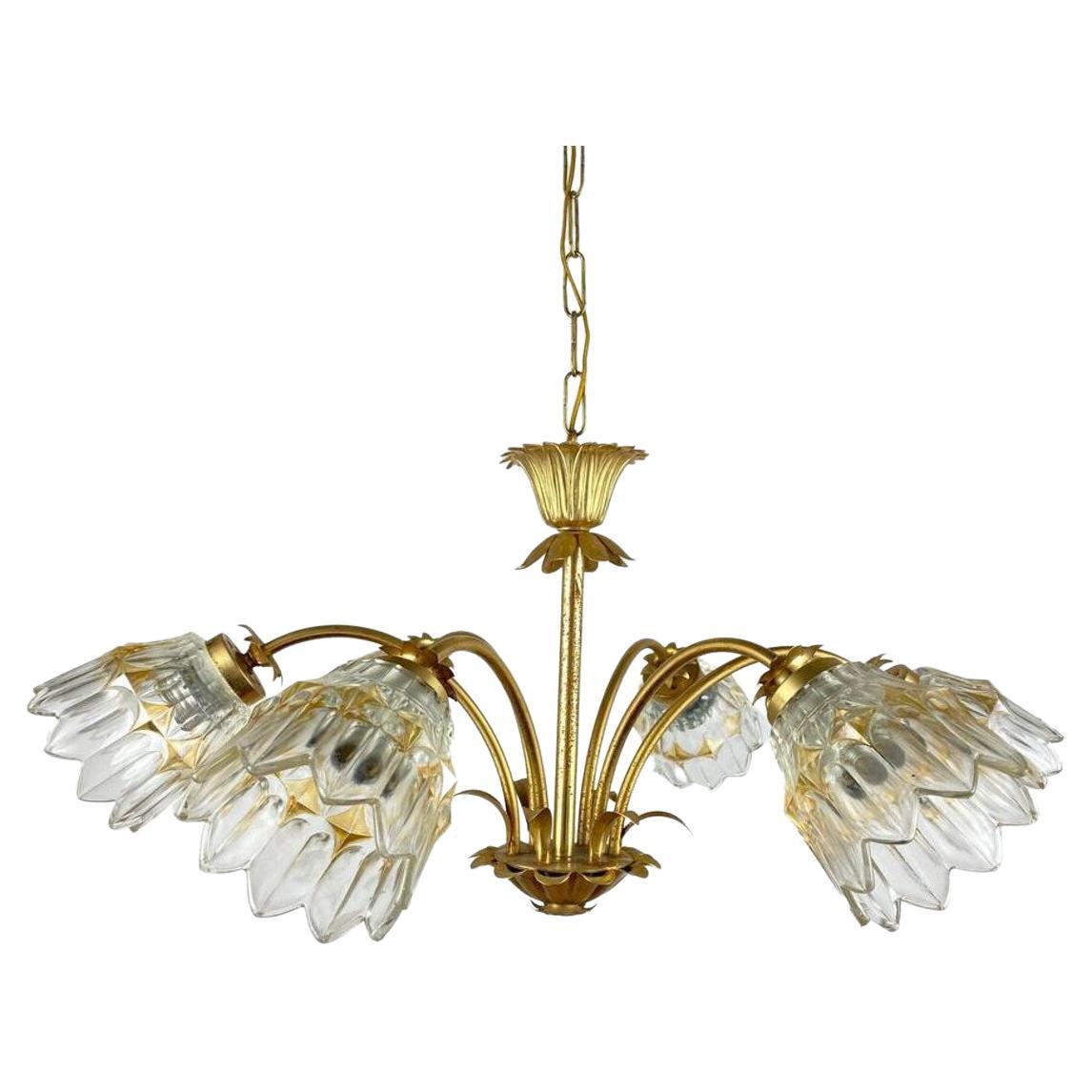 Vintage Chandelier with Glass Lampshades, Germany, 1970s For Sale