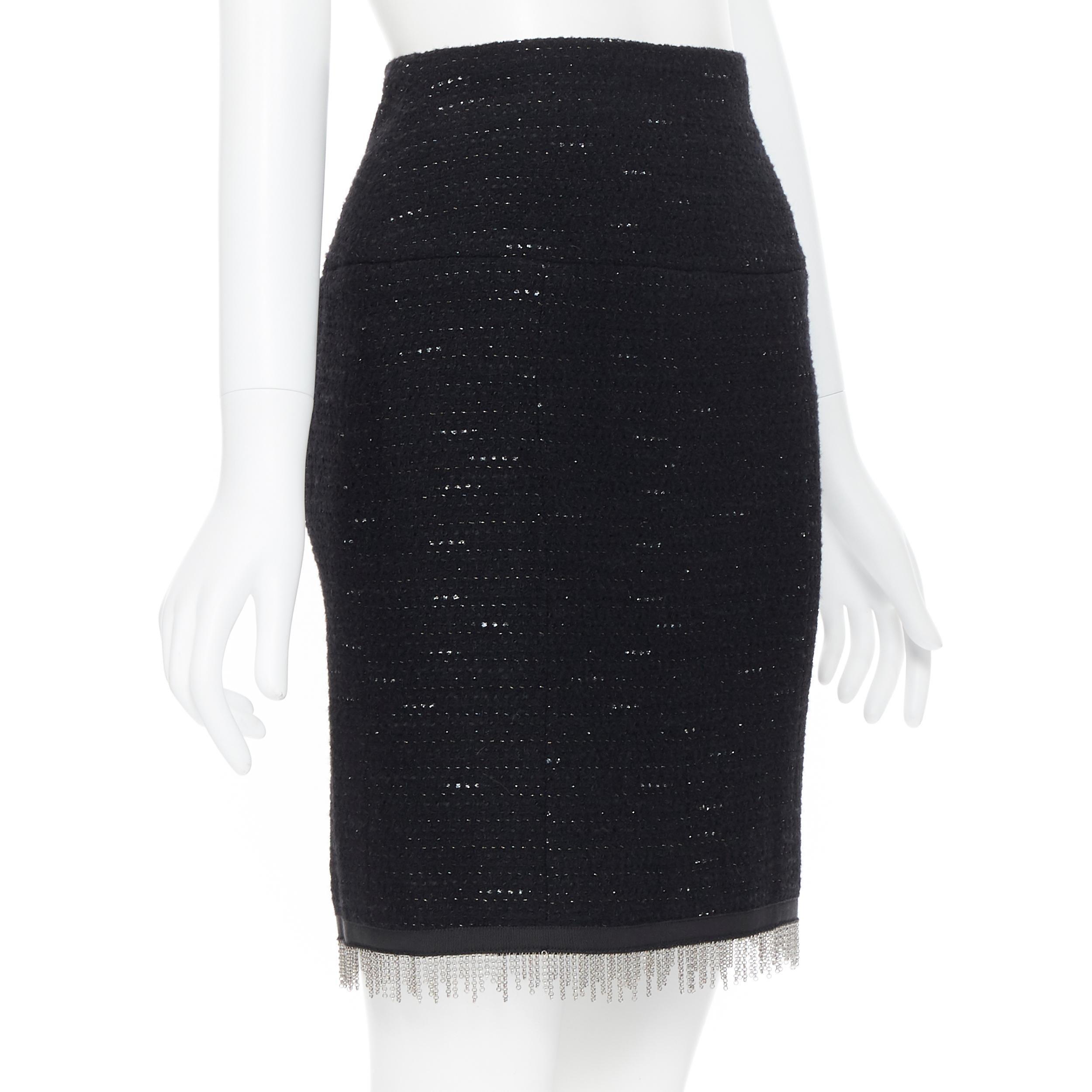 vintage CHANEL 02A Runway black silver tweed chain trimmed pencil skirt FR36 In Excellent Condition In Hong Kong, NT
