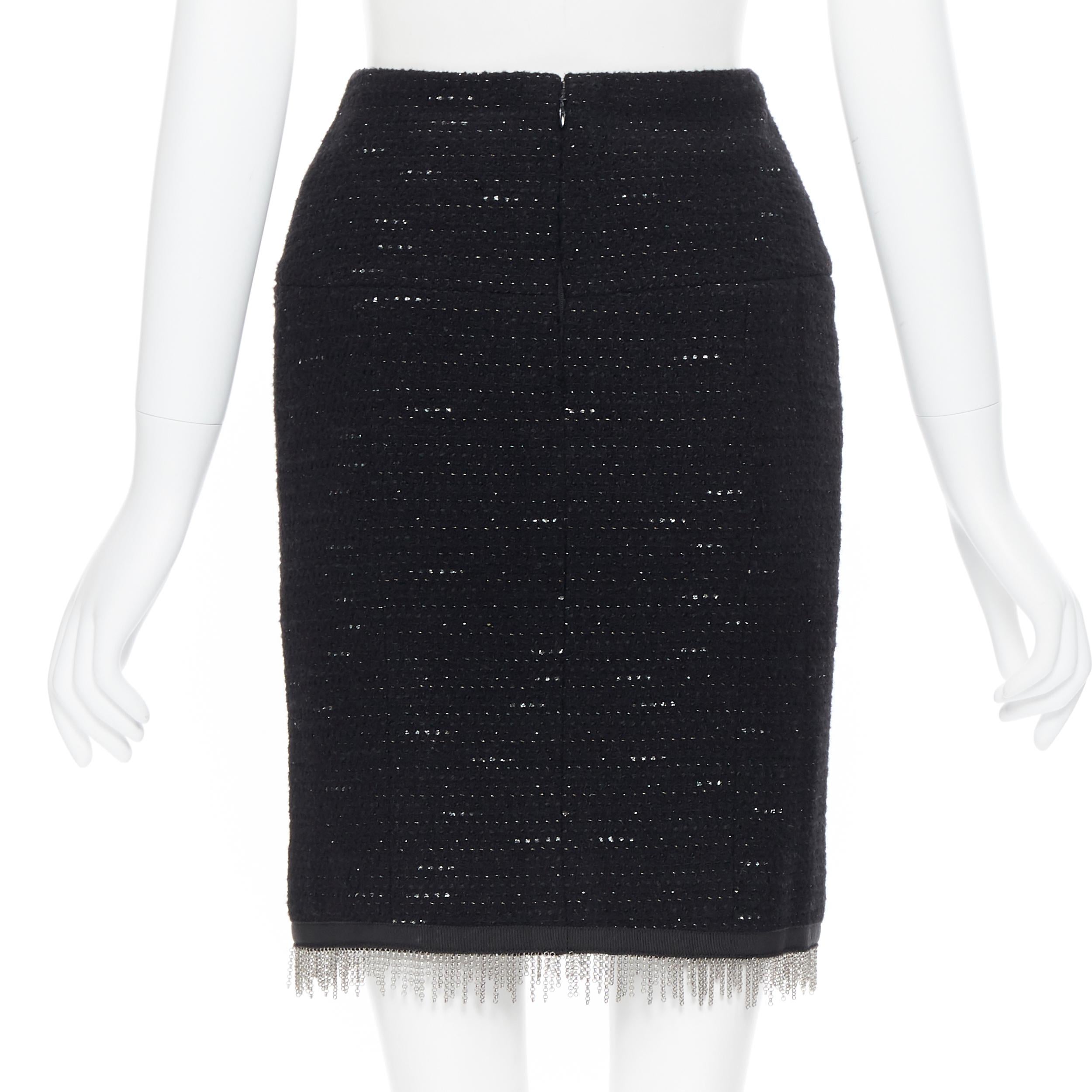 Black vintage CHANEL 02A Runway black silver tweed chain trimmed pencil skirt FR36