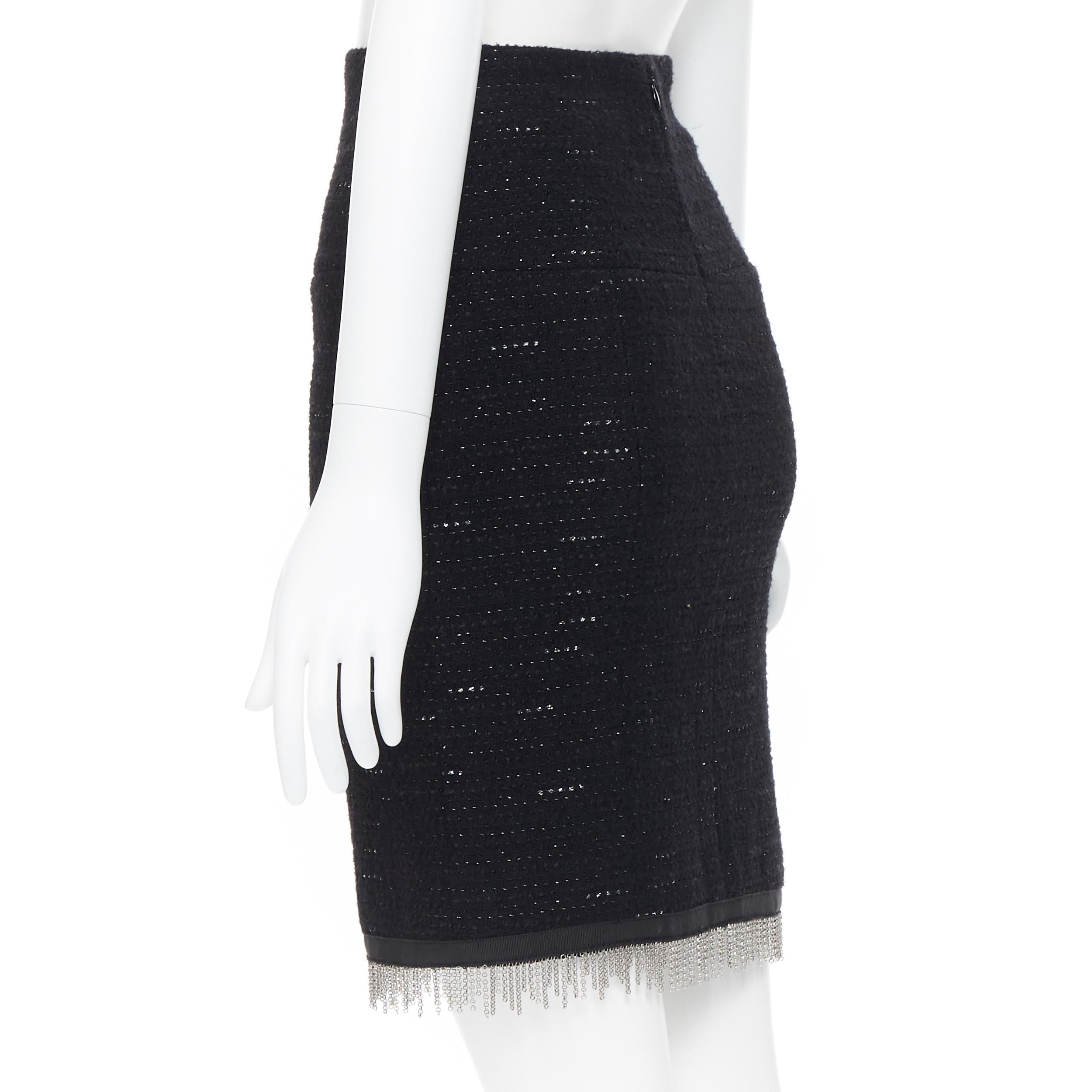 vintage CHANEL 02A Runway black silver tweed chain trimmed pencil skirt FR36 2