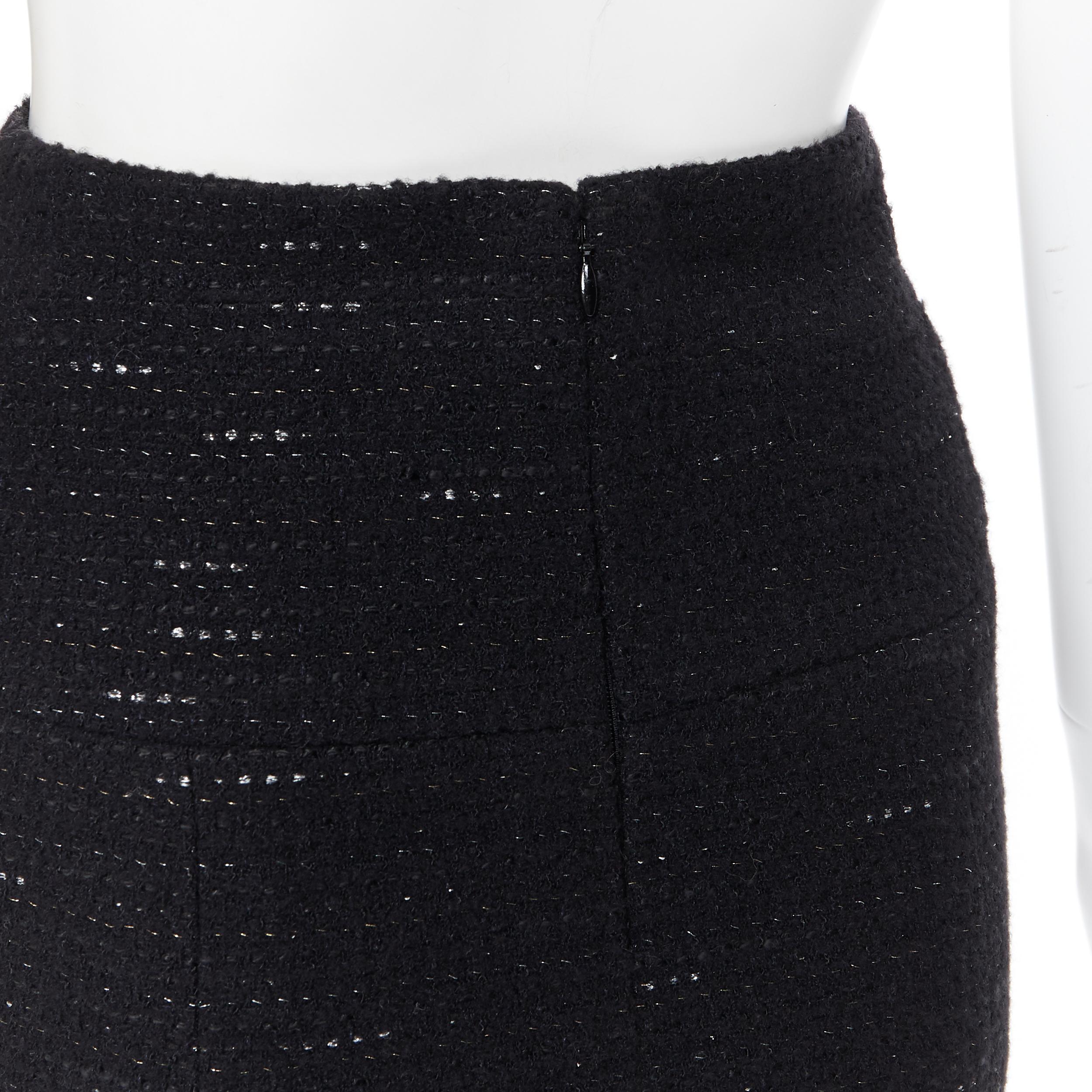 vintage CHANEL 02A Runway black silver tweed chain trimmed pencil skirt FR36 4