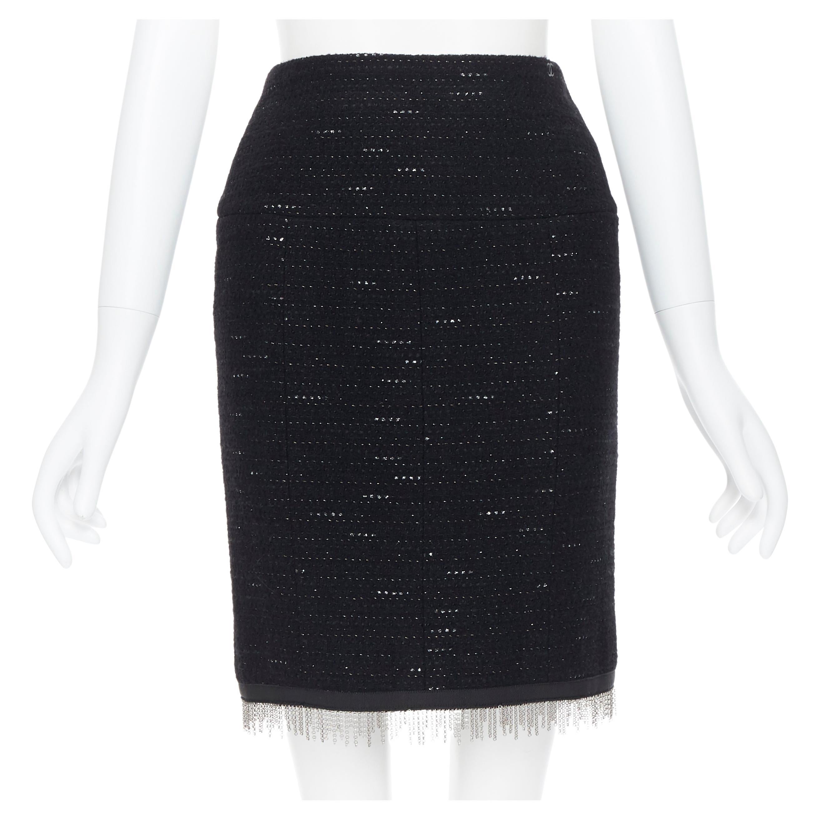 vintage CHANEL 02A Runway black silver tweed chain trimmed pencil skirt FR36