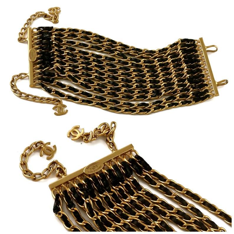 Women's Vintage CHANEL 12 Chain Leather Tiered Wide Cuff Bracelet