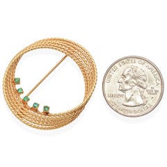 Vintage Chanel 14K Yellow Gold Rope Swirl Pin with Emeralds