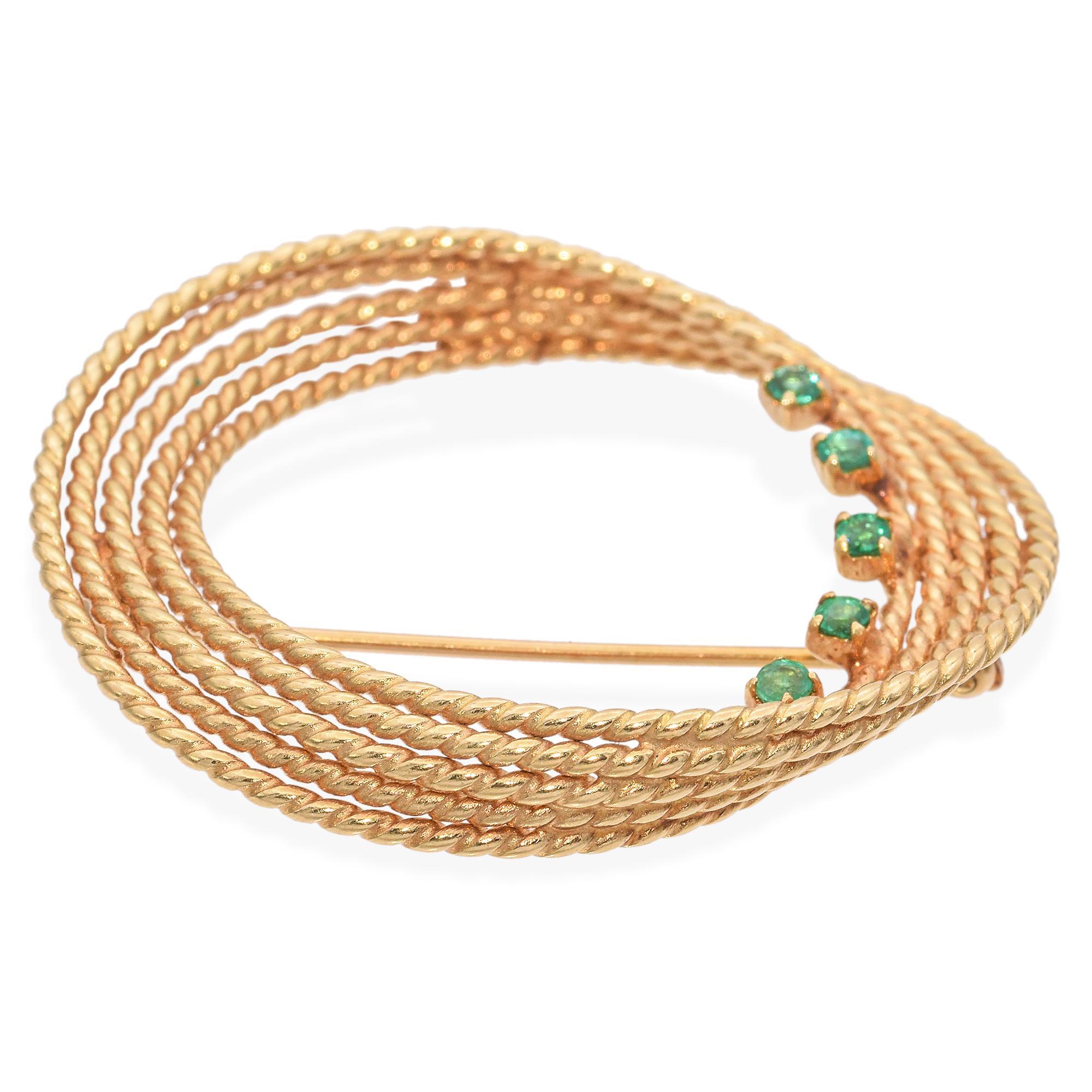 Round Cut Vintage Chanel 14K Yellow Gold Rope Swirl Pin with Emeralds For Sale