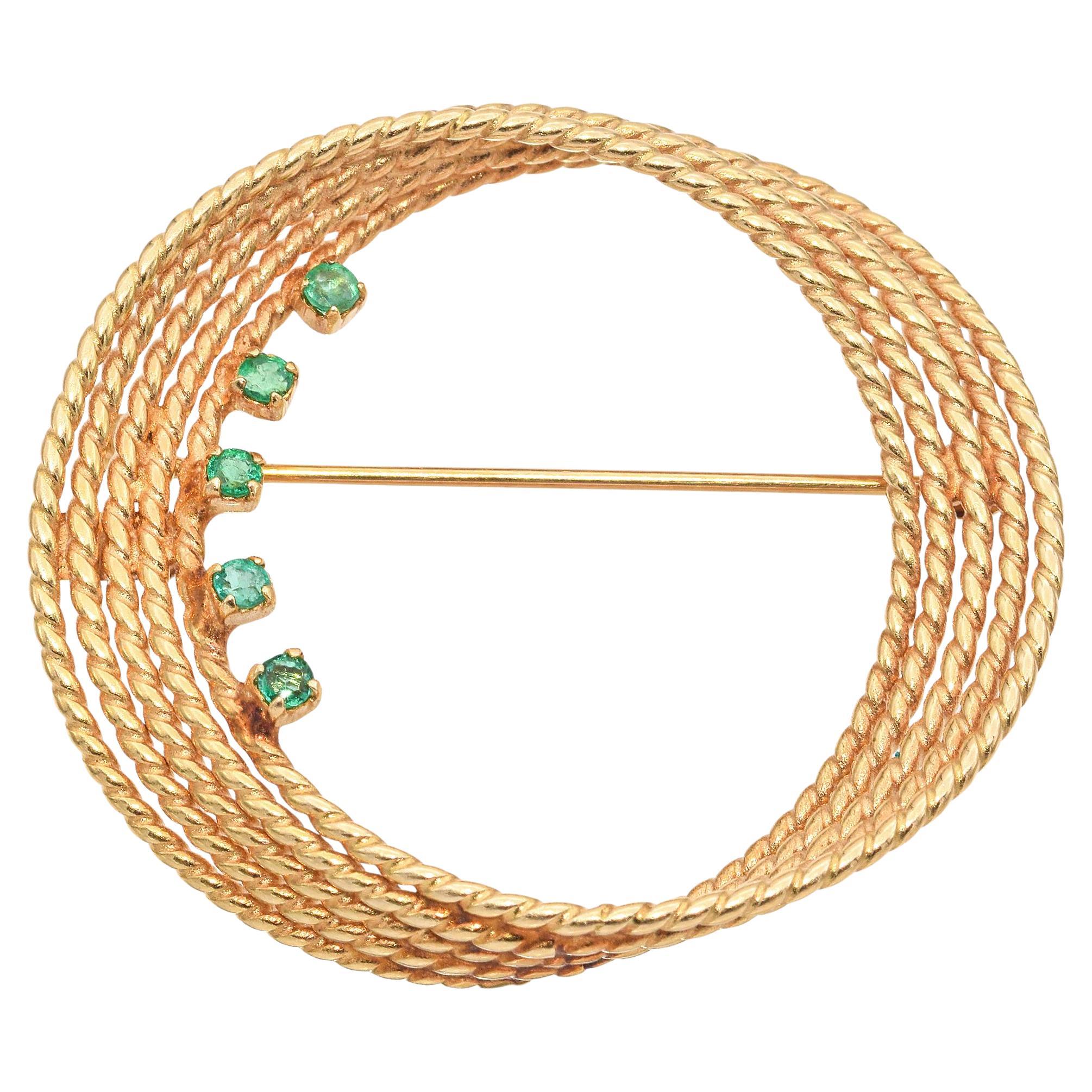 Vintage Chanel 14K Yellow Gold Rope Swirl Pin with Emeralds