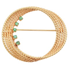 Vintage Chanel 14K Yellow Gold Rope Swirl Pin with Emeralds