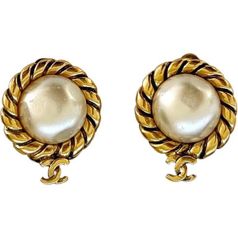 Vintage Chanel 1980s Gold Pearl Logo Clip On 80s Earrings, 1983