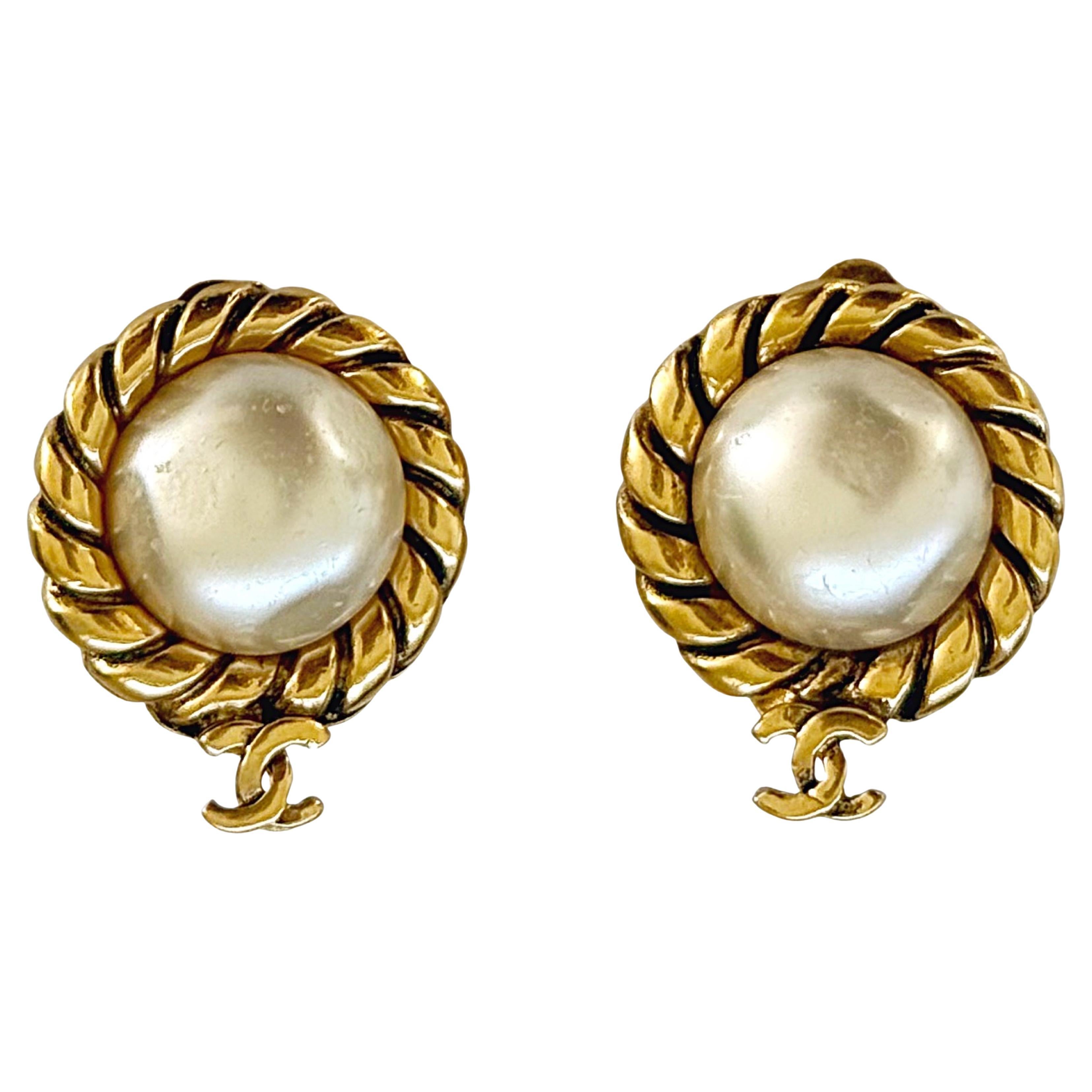 Vintage Chanel 1980s Gold Pearl Logo Clip On 80s Earrings