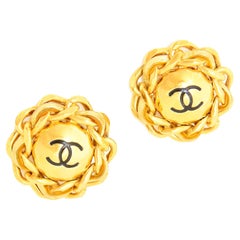 Vintage Chanel 1980s Gold Plated Large Round CC Earrings w Chain Detail