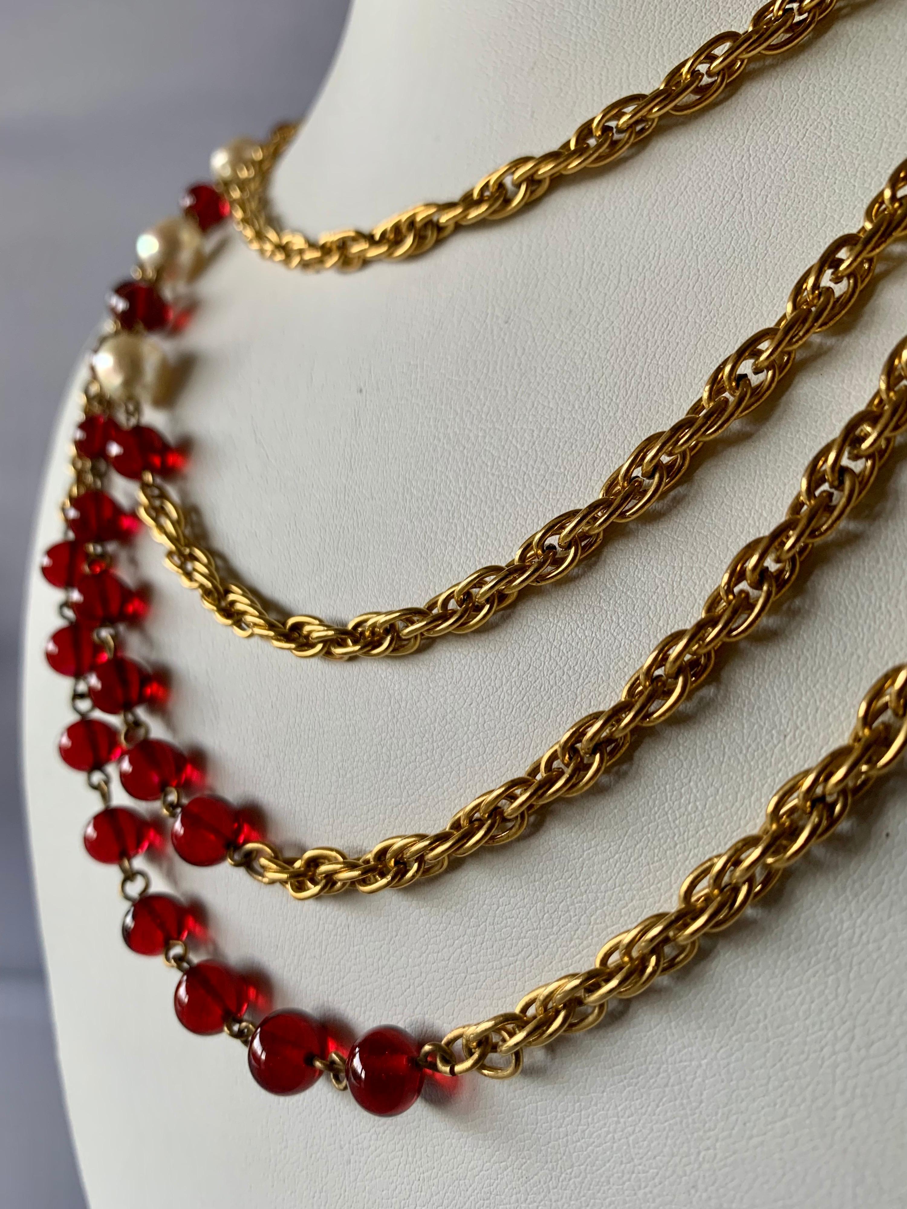 Artisan Vintage Chanel 1980s Red Glass and Pearl Necklace  For Sale