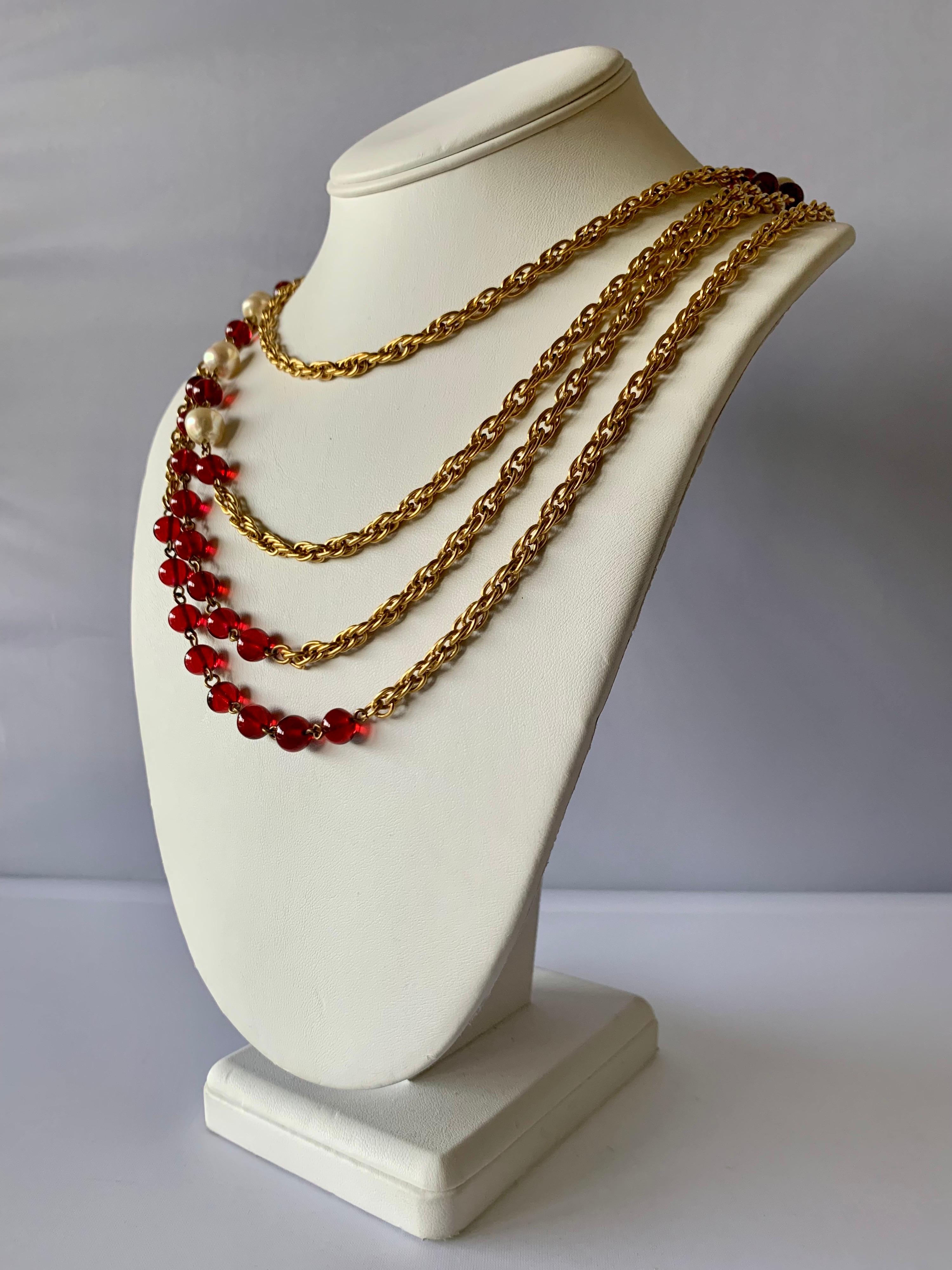 Bead Vintage Chanel 1980s Red Glass and Pearl Necklace  For Sale