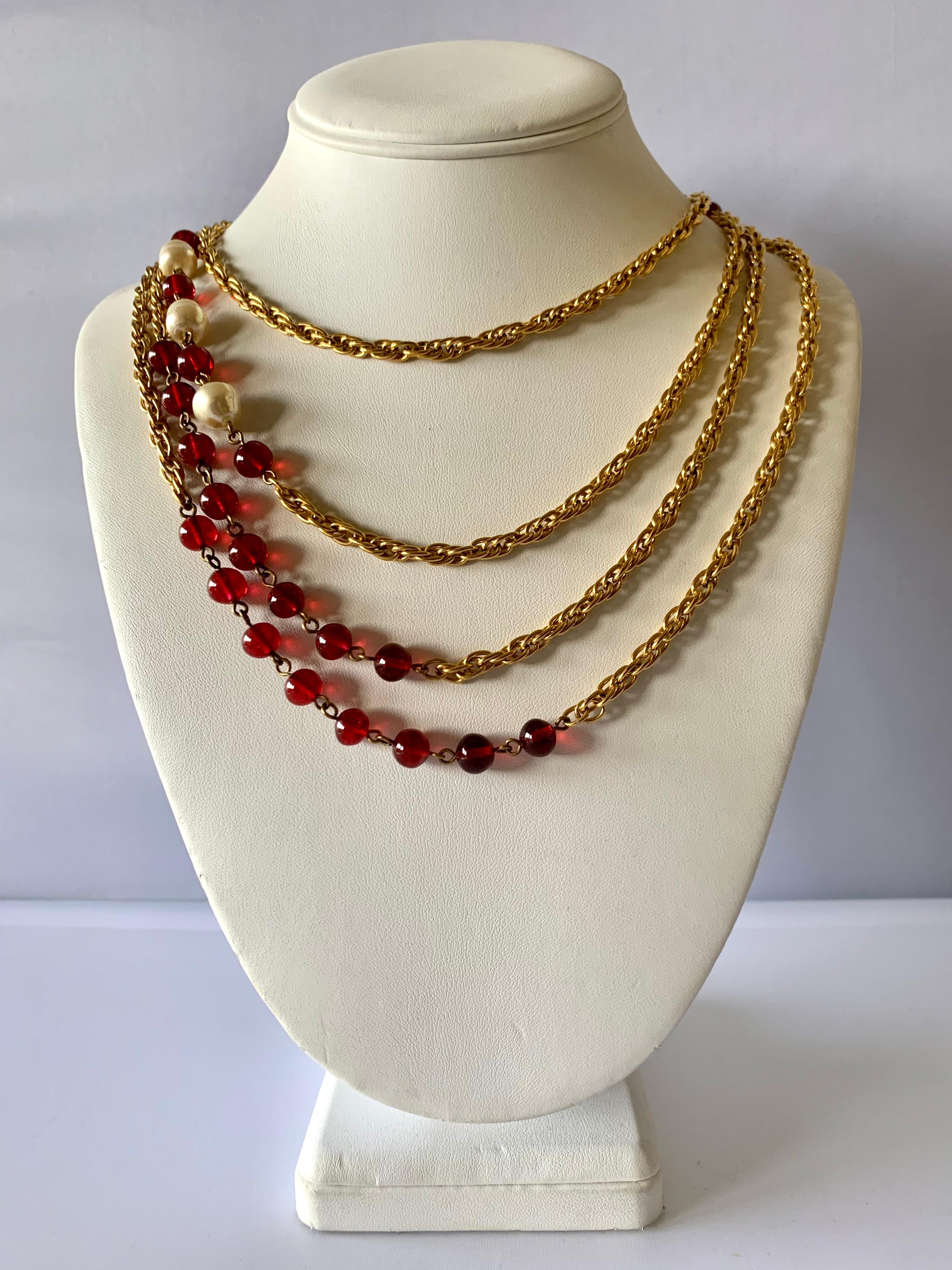 Vintage Chanel 1980s Red Glass and Pearl Necklace  In Excellent Condition For Sale In Palm Springs, CA