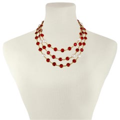 Vintage CHANEL 1981 Faux Pearl & Red Gripoix Long Necklace