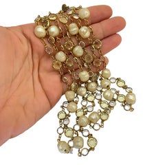 Vintage CHANEL 1981 gold pearl crystal long designer runway necklace