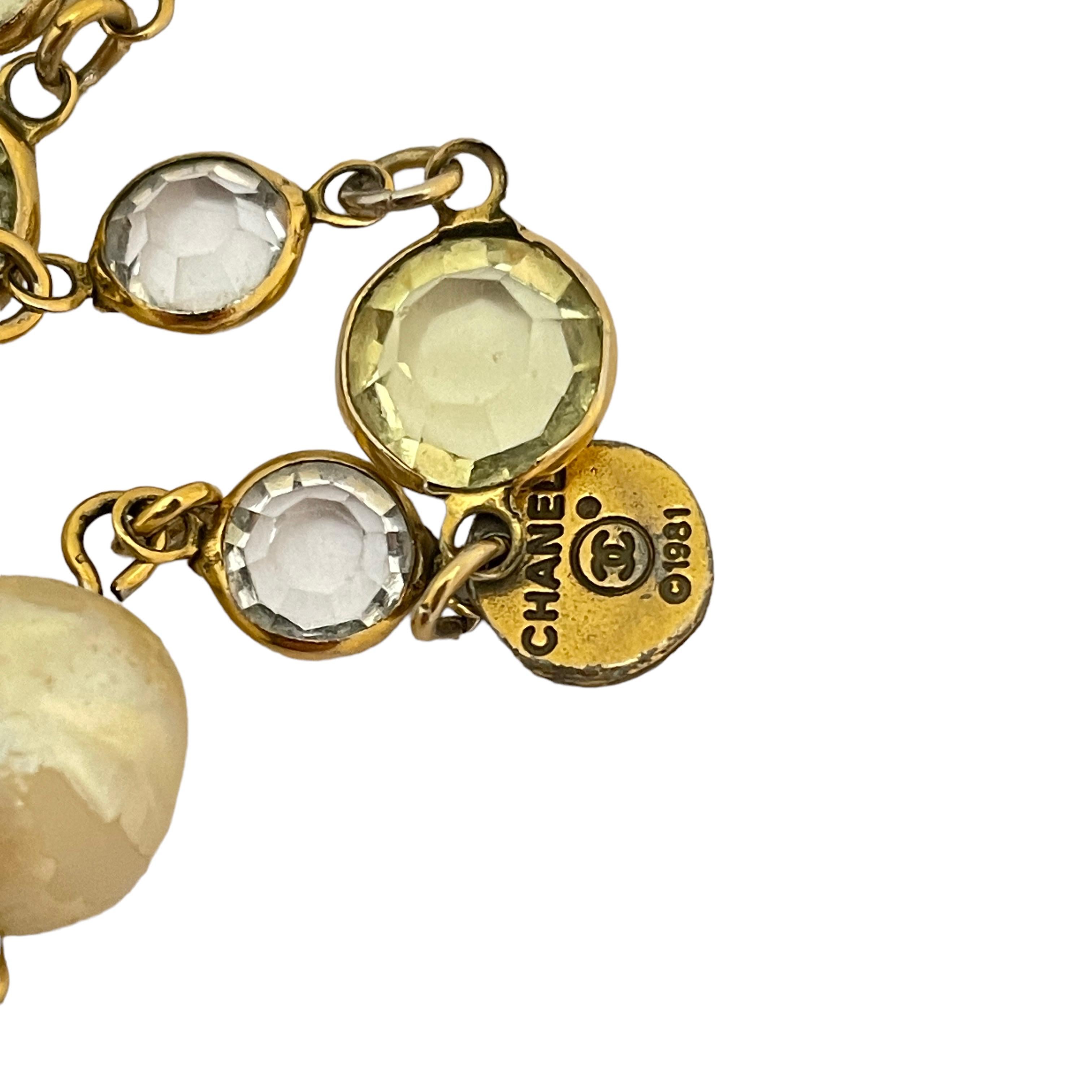 Women's or Men's Vintage CHANEL 1981 gold pearl crystal long designer runway necklace For Sale