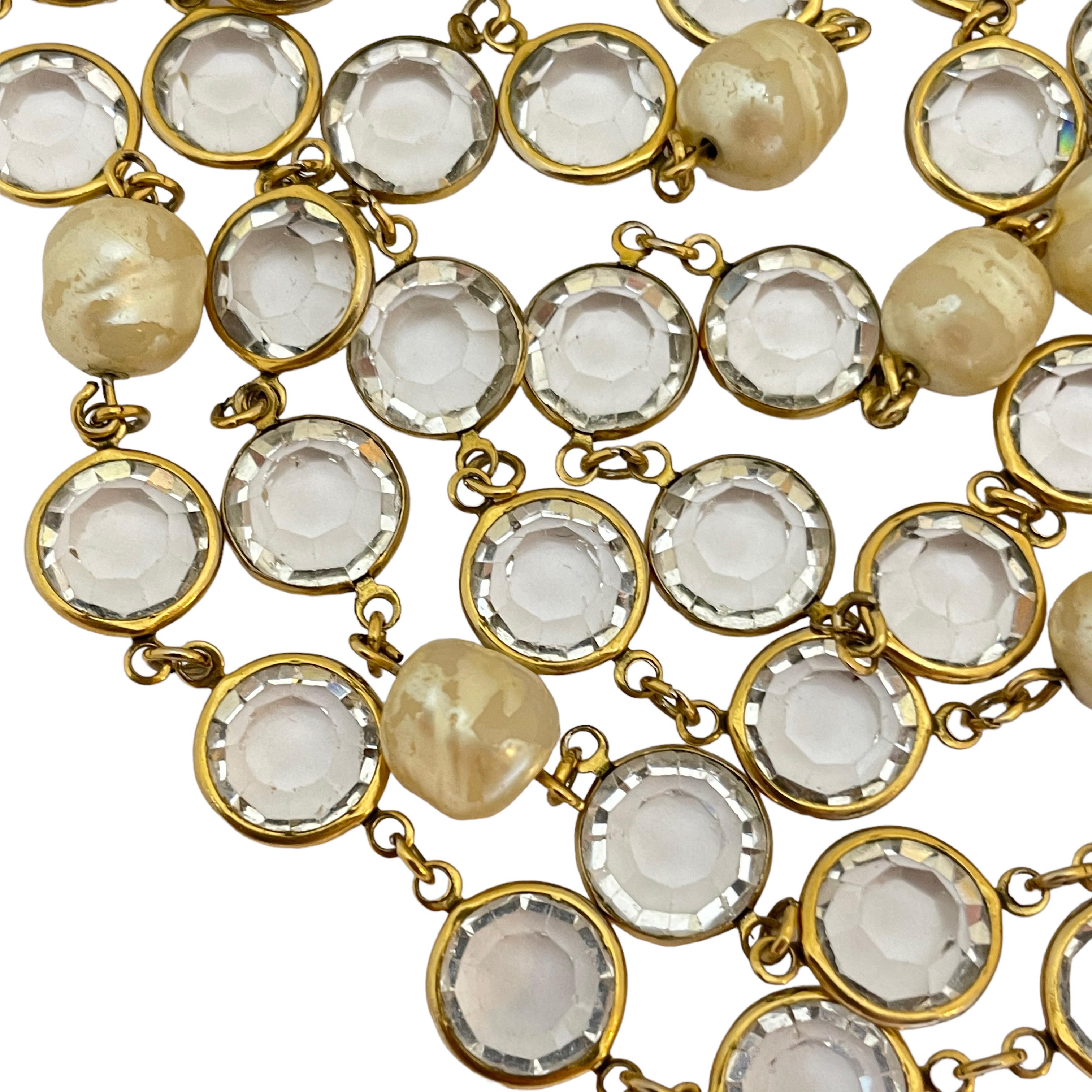 Women's or Men's Vintage CHANEL 1981 gold pearl crystal long designer runway necklace For Sale