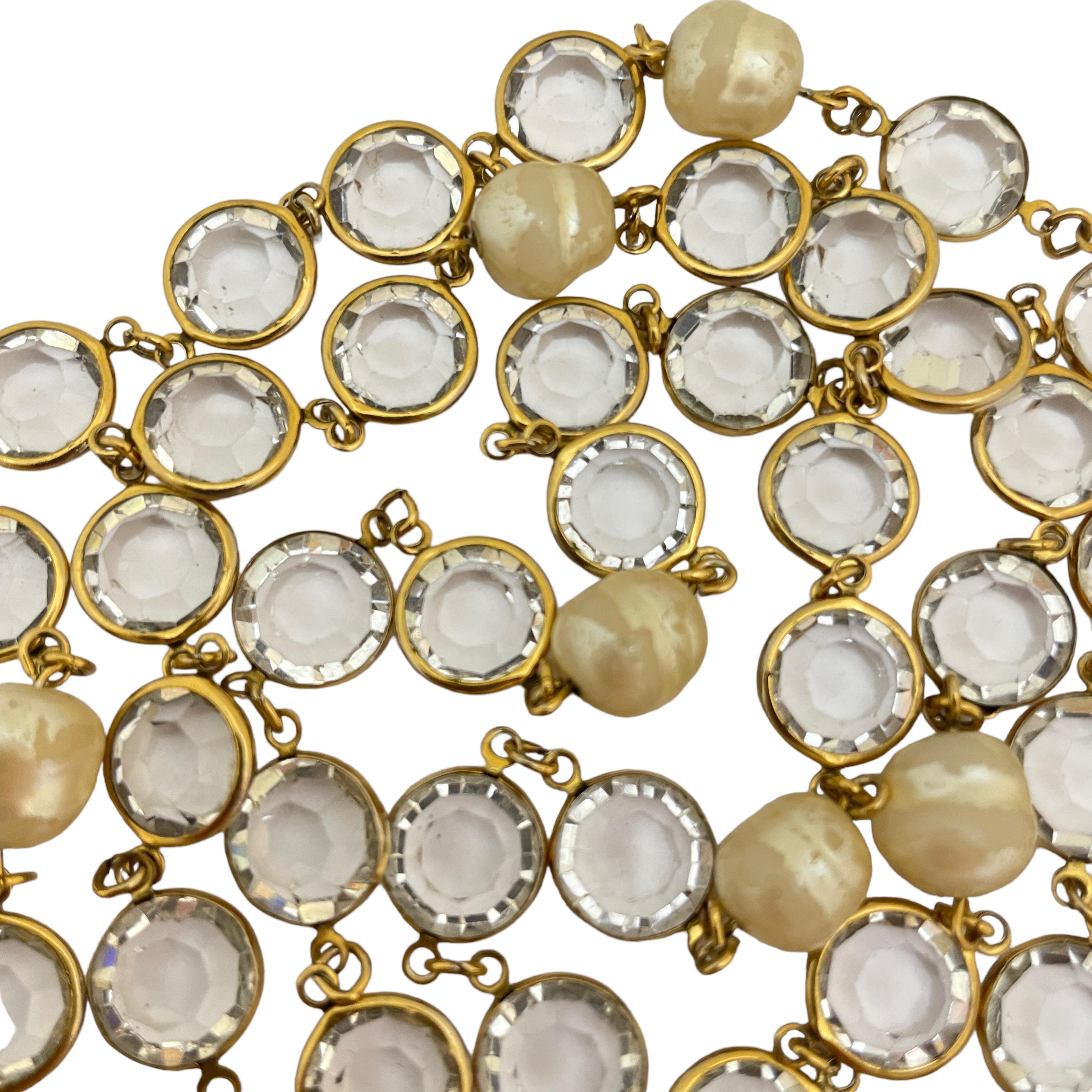 Vintage CHANEL 1981 gold pearl crystal long designer runway necklace For Sale 3