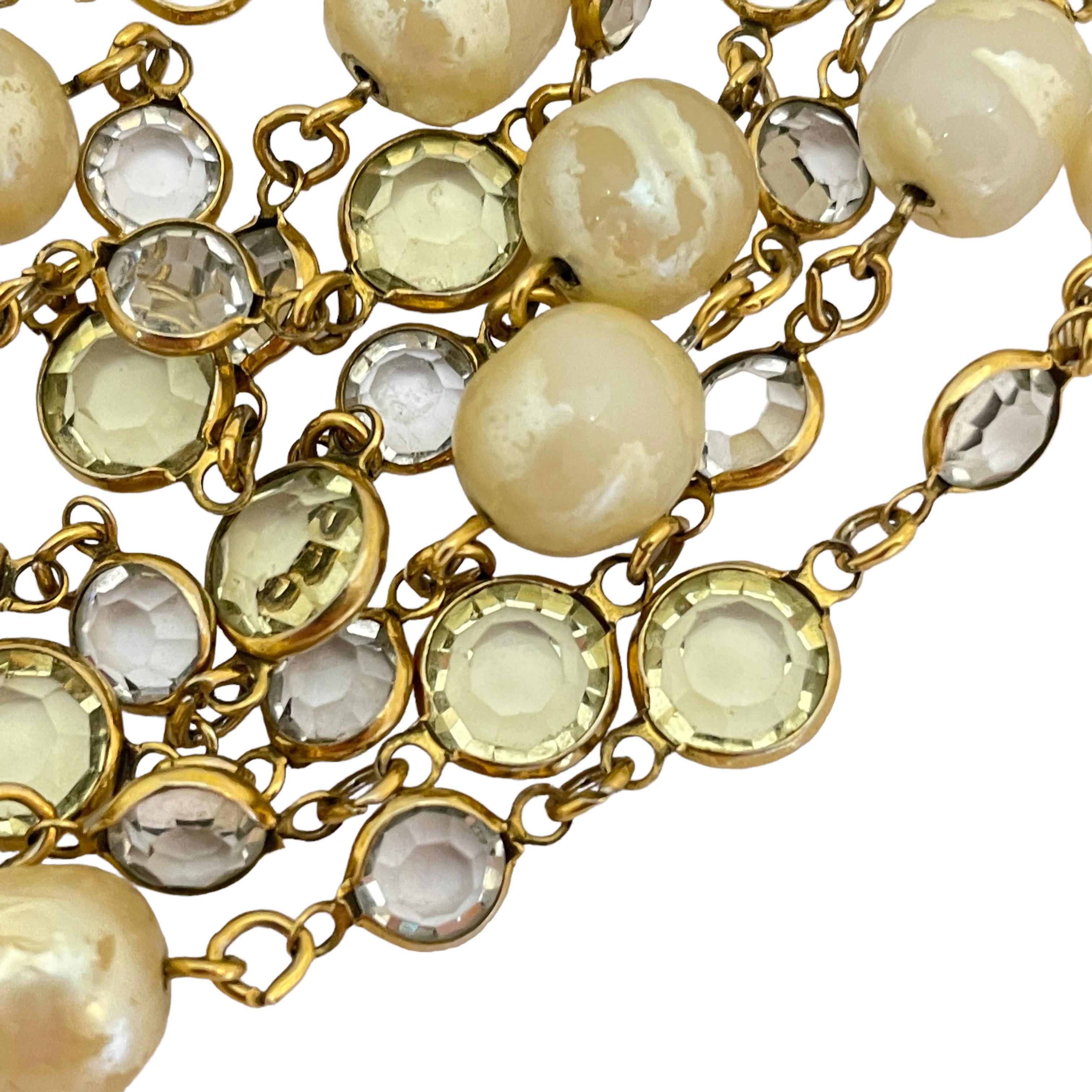 Vintage CHANEL 1981 gold pearl crystal long designer runway necklace For Sale 4