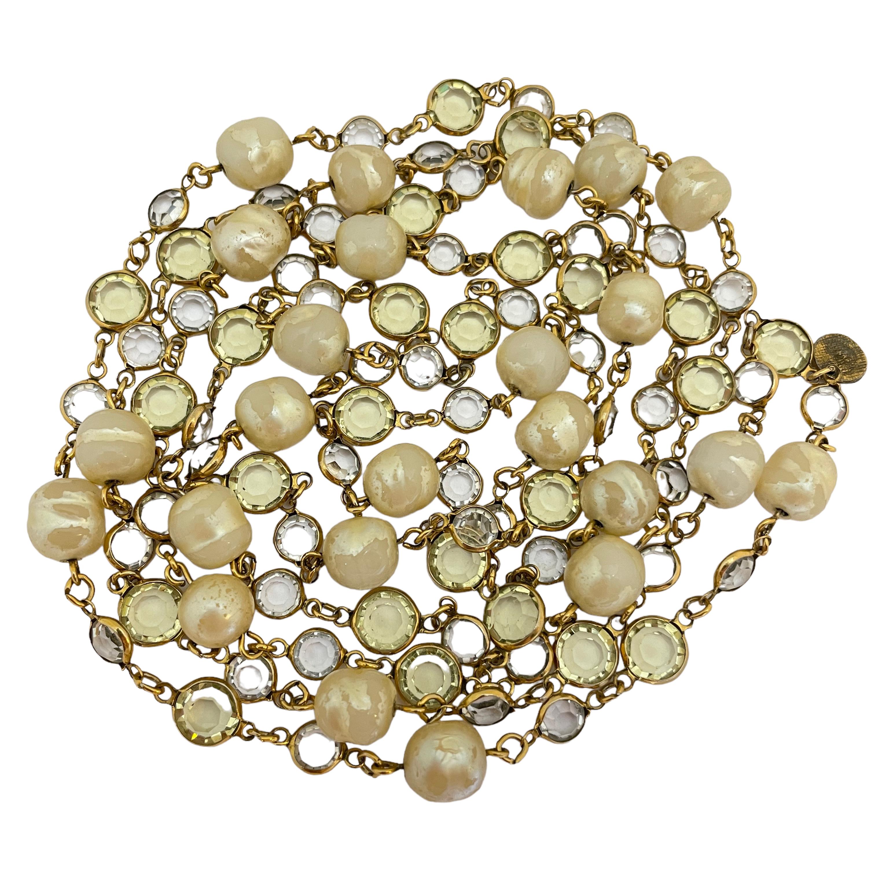 Vintage CHANEL 1981 gold pearl crystal long designer runway necklace For Sale 5