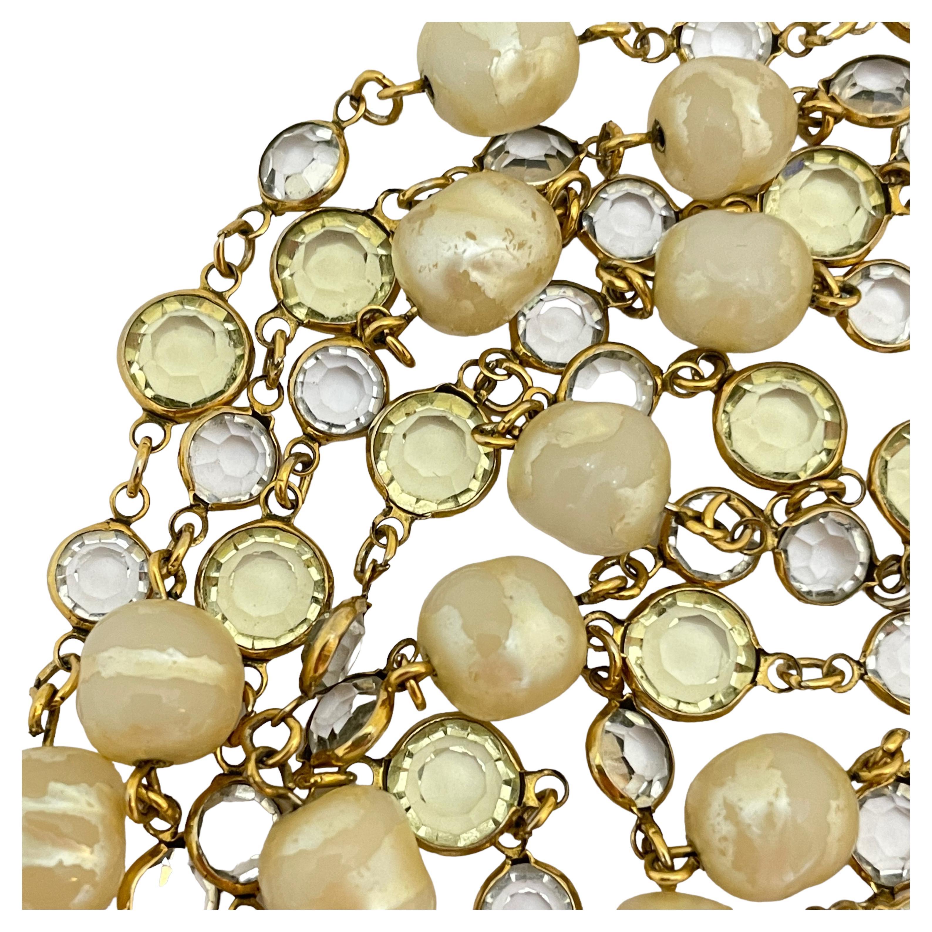Vintage CHANEL 1981 gold pearl crystal long designer runway necklace For Sale
