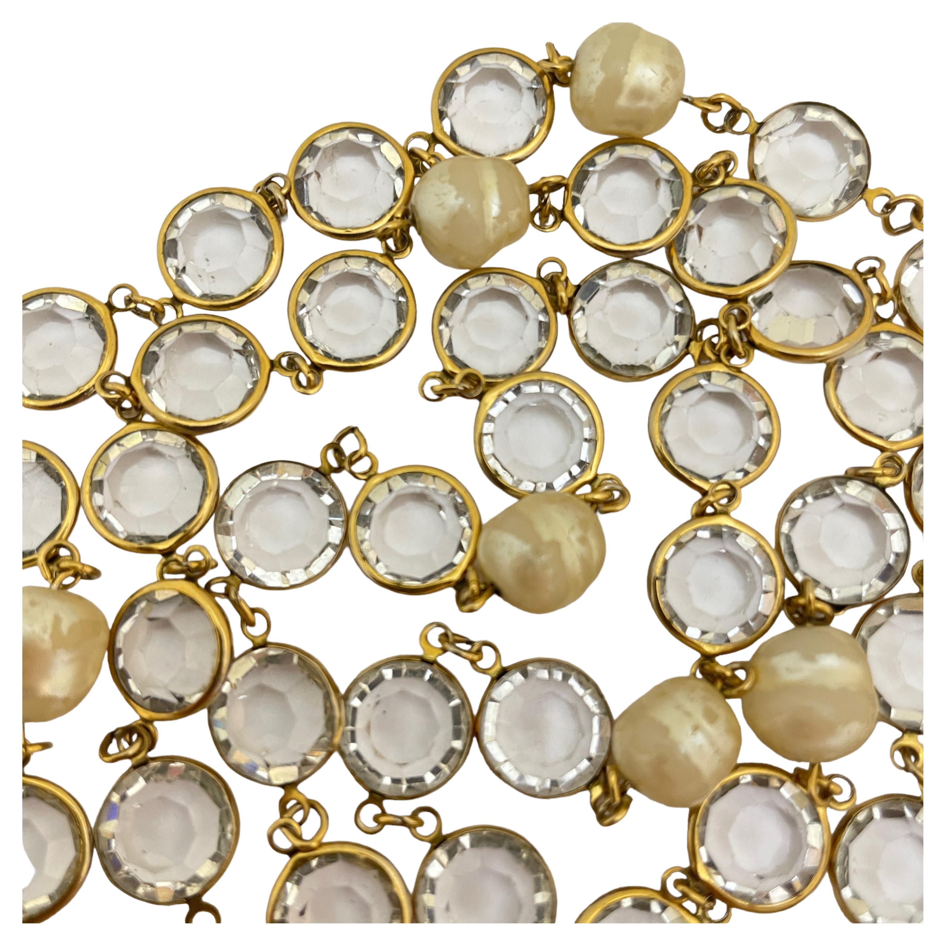Vintage CHANEL 1981 gold pearl crystal long designer runway necklace For Sale