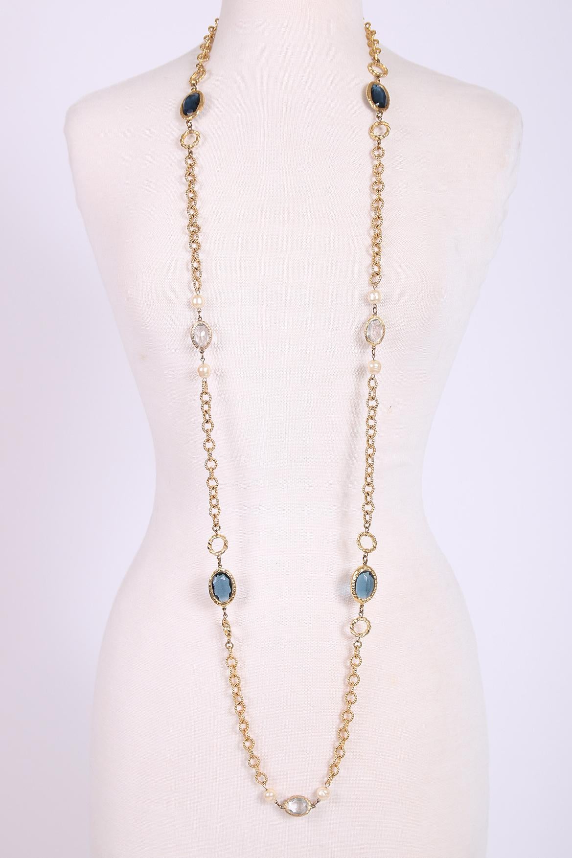 1981 Chanel 24k gold plated sautoir necklace made from textured gold links, baroque pearls and two sizes of oval, hammered gold bezel-set dark blue & clear Gripoix glass beads. Necklace was purchased by original owner at  Bergdorf Goodman in the