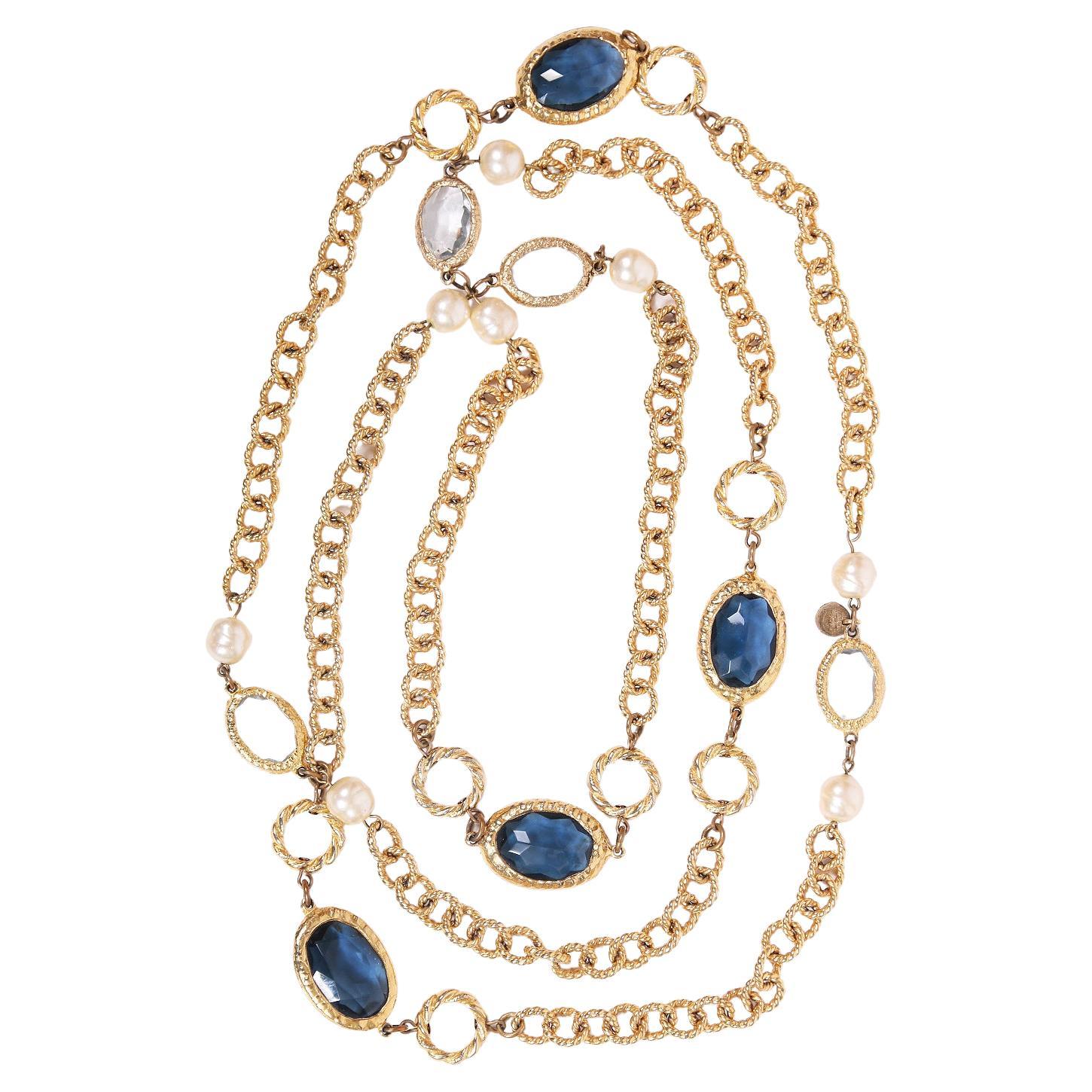 Women's Vintage Chanel 1981 Sautoir Chain Necklace w/Pearl & Bevel-Set Gripoix beads For Sale