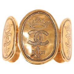 Vintage Chanel 1987 Coin Cuff Bracelet in 24k Gold Plate w/Crown & CC Logo Motif