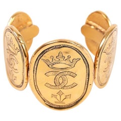 Vintage Chanel 1987 Coin Cuff Bracelet in 24k Gold Plate w/Crown & CC Logo Motif