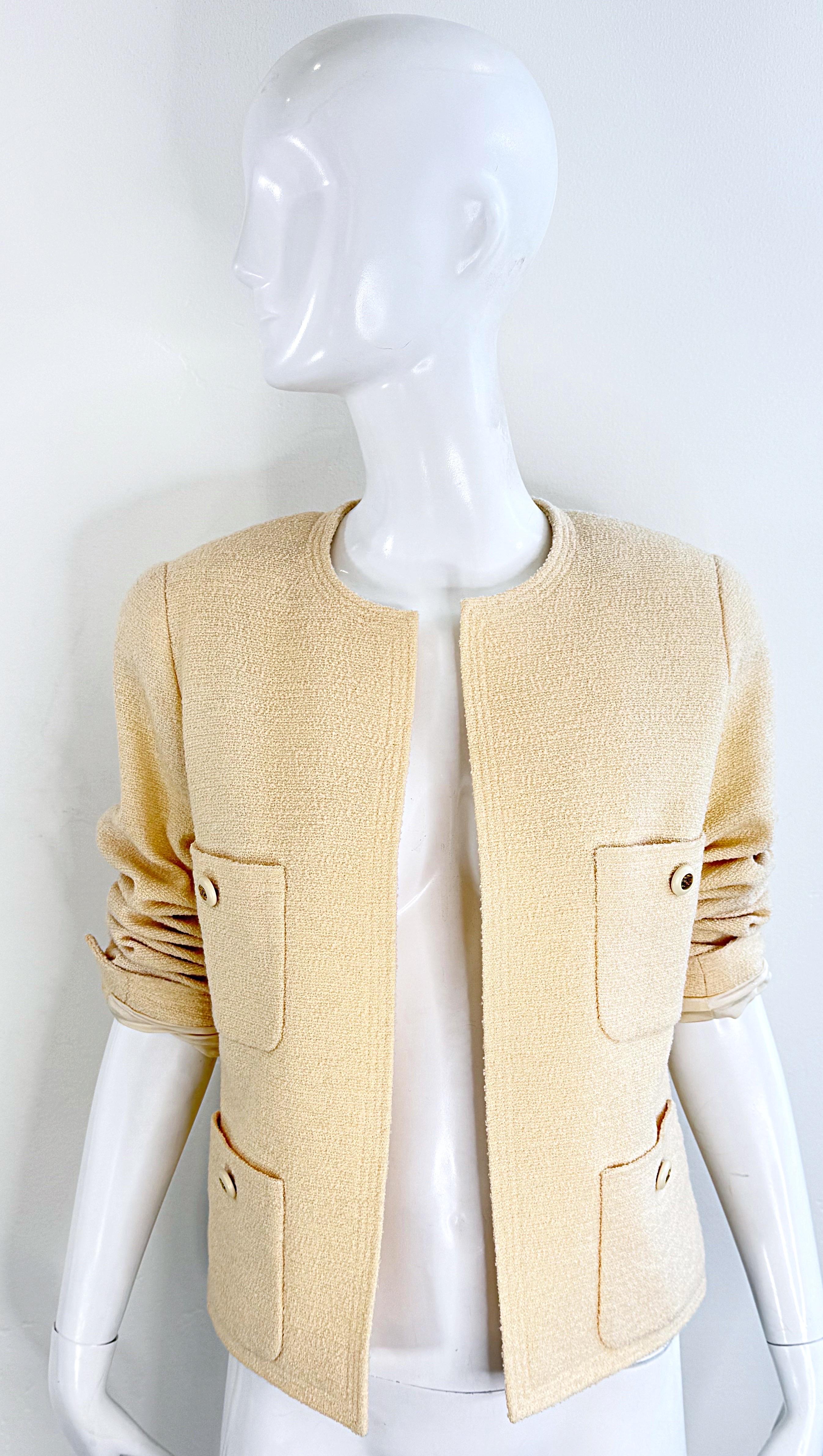 Vintage Chanel 1990s Karl Lagerfeld Ivory Off White 90s Jacket Blazer CC Buttons For Sale 6