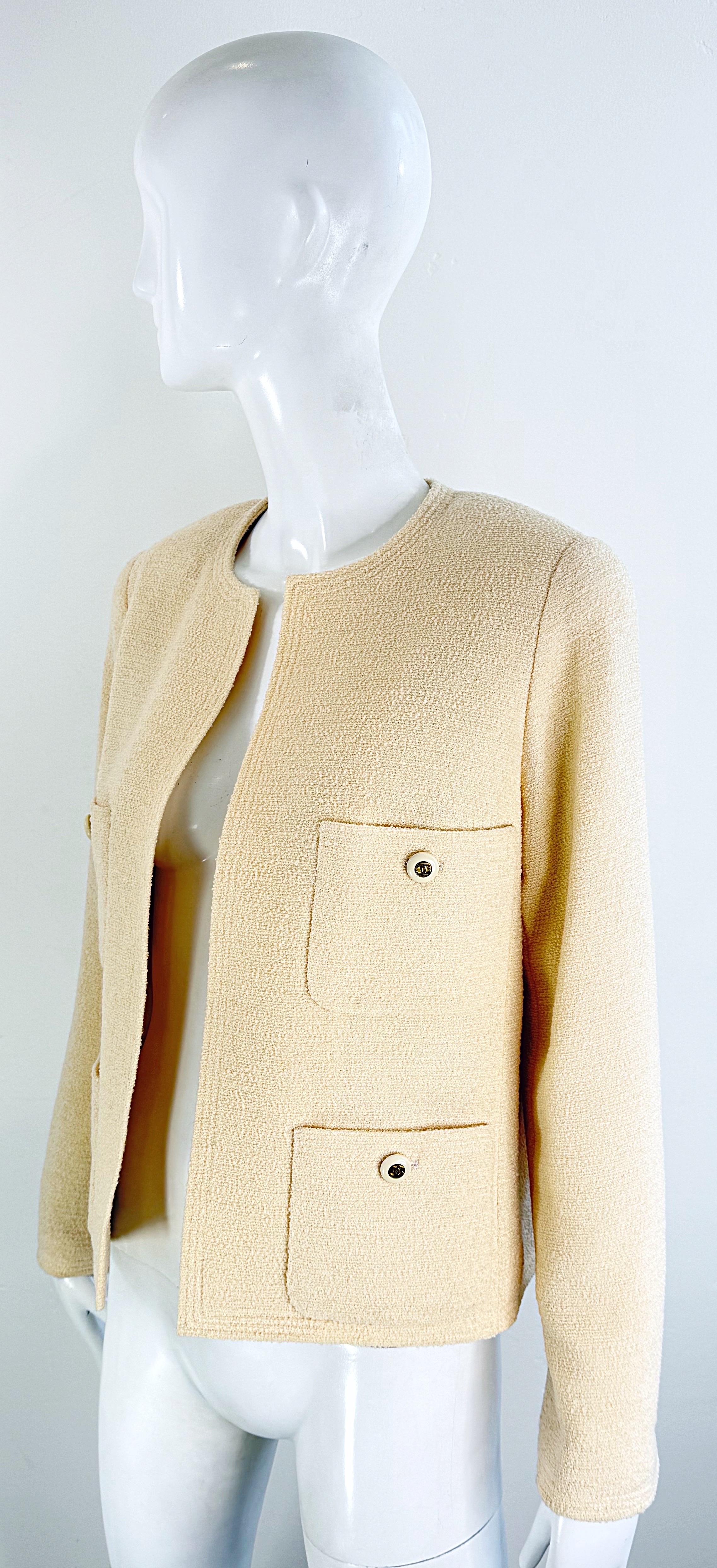 Vintage Chanel 1990s Karl Lagerfeld Ivory Off White 90s Jacket Blazer CC Buttons For Sale 8