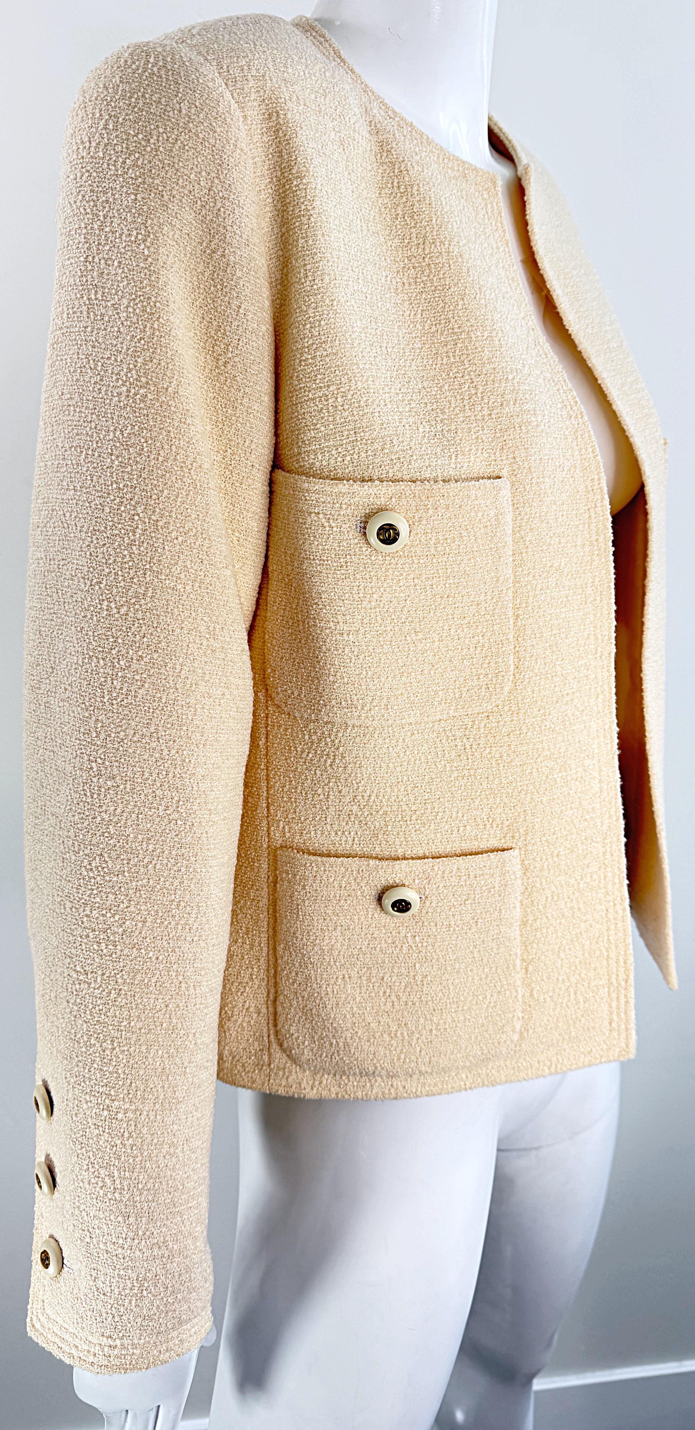 Vintage Chanel 1990s Karl Lagerfeld Ivory Off White 90s Jacket Blazer CC Buttons For Sale 10