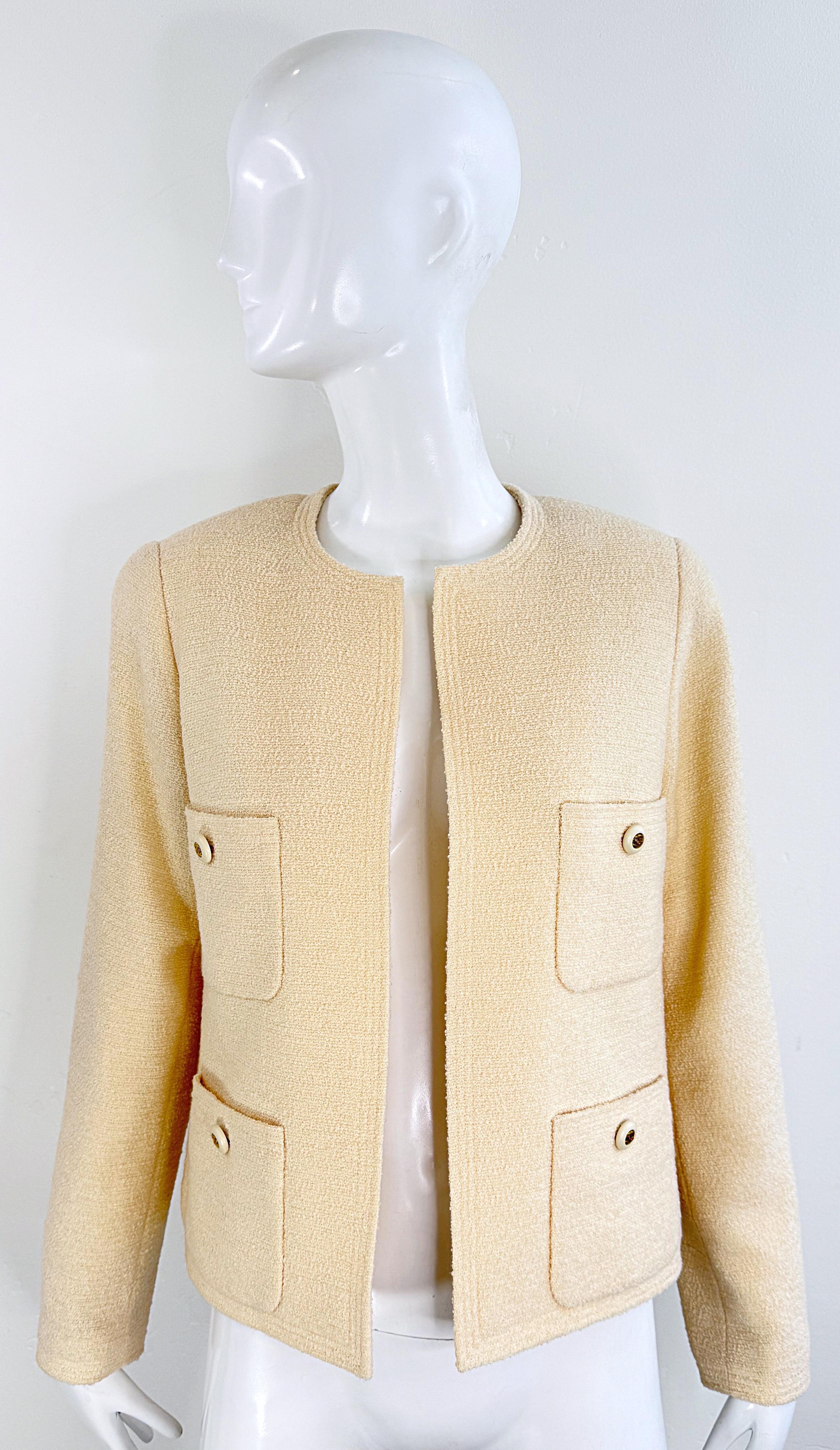 Vintage Chanel 1990s Karl Lagerfeld Ivory Off White 90s Jacket Blazer CC Buttons For Sale 11