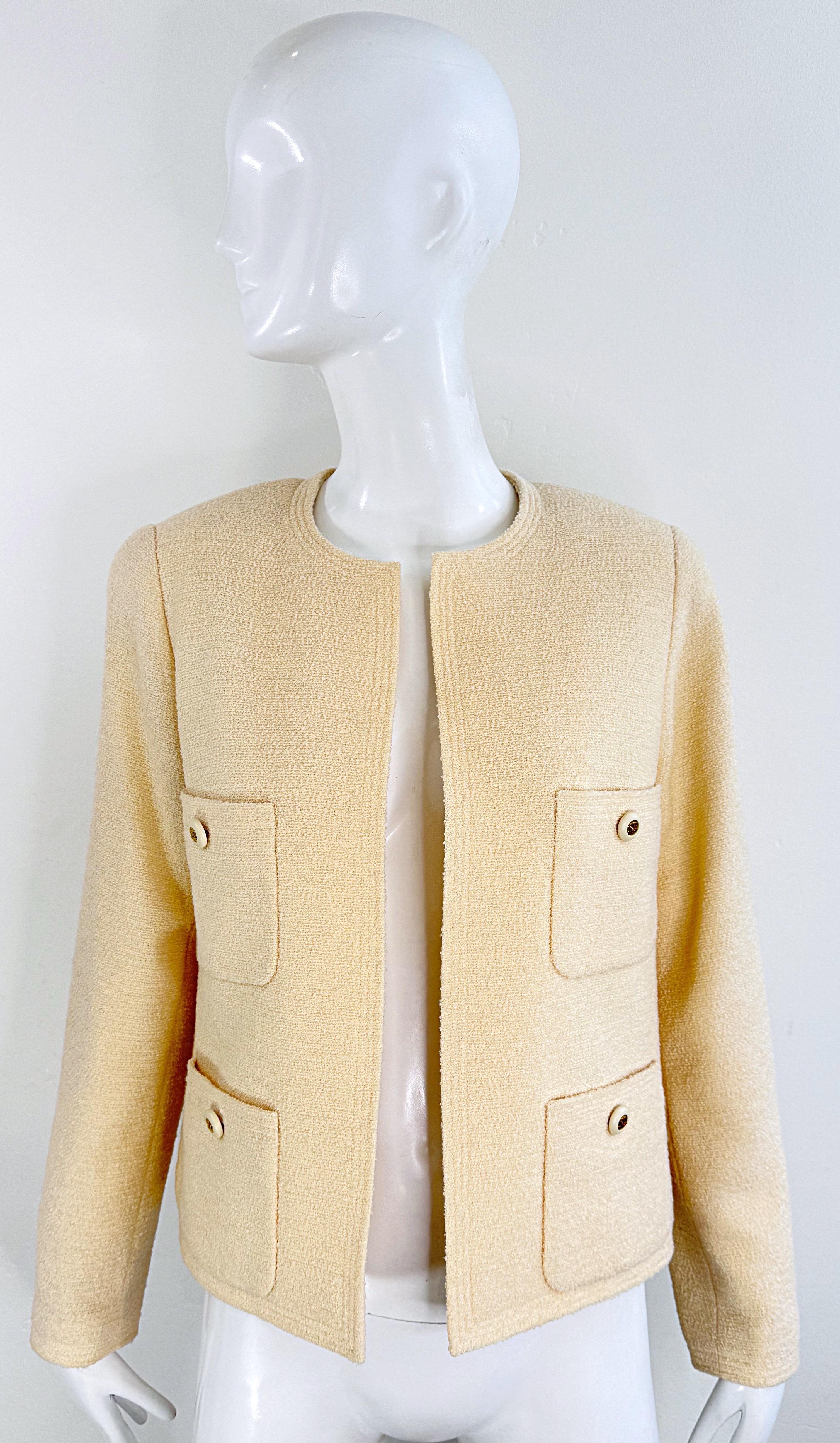 Vintage Chanel 1990s Karl Lagerfeld Ivory Off White 90s Jacket Blazer CC Buttons In Excellent Condition For Sale In San Diego, CA